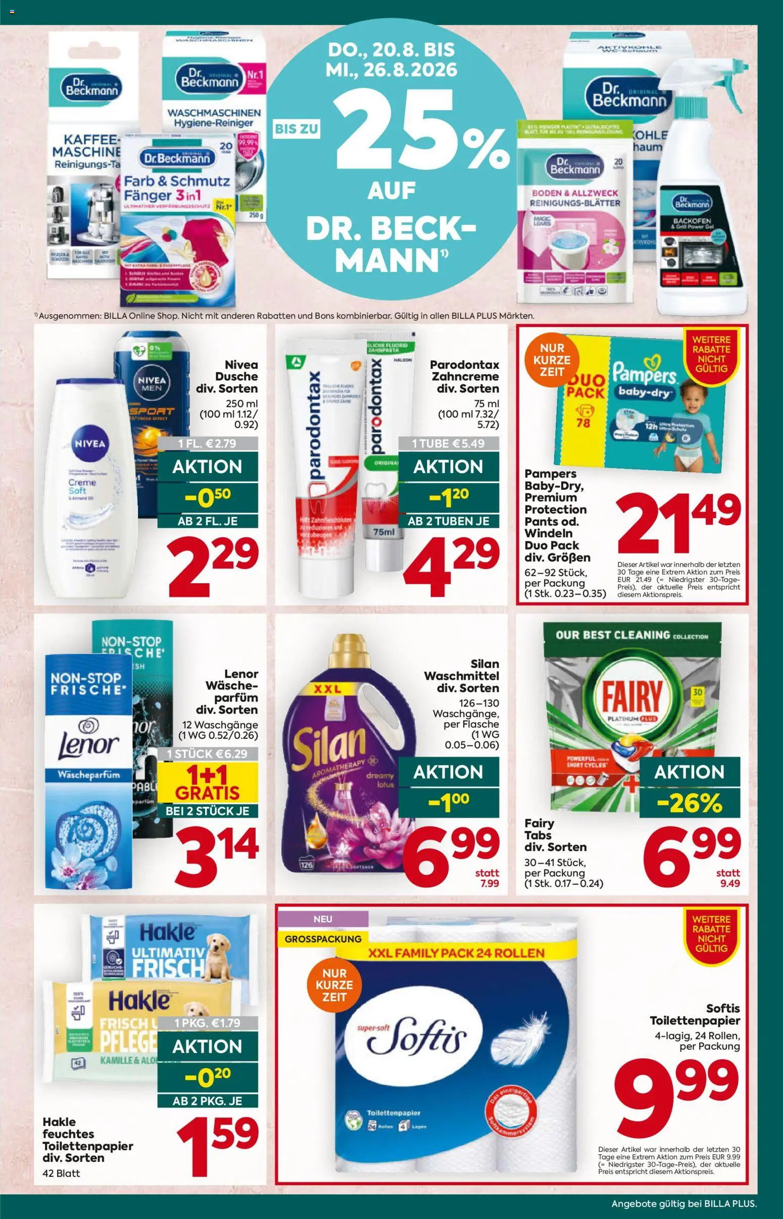 Billa Plus Flugblatt gültig ab 20.08.2026 | Seite: 15 | Produkte: Windeln, Dusche, Kaffee, Zahnpasta