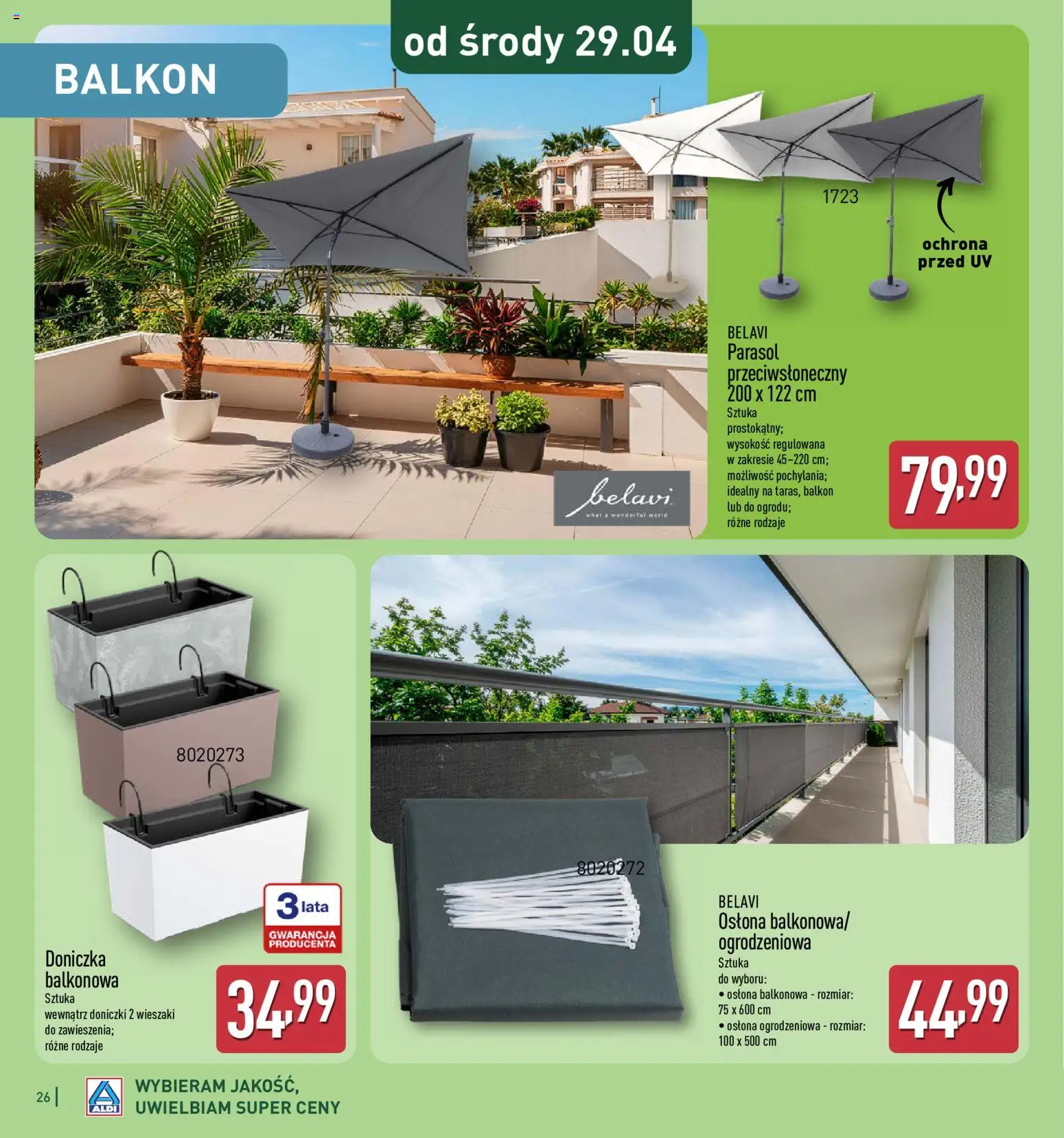 Aldi Gazetka - Katalog ogrodowy od 25.02.2026 | Strona: 26 | Produkty: Parasol, Osłona balkonowa, Wieszaki, Doniczka