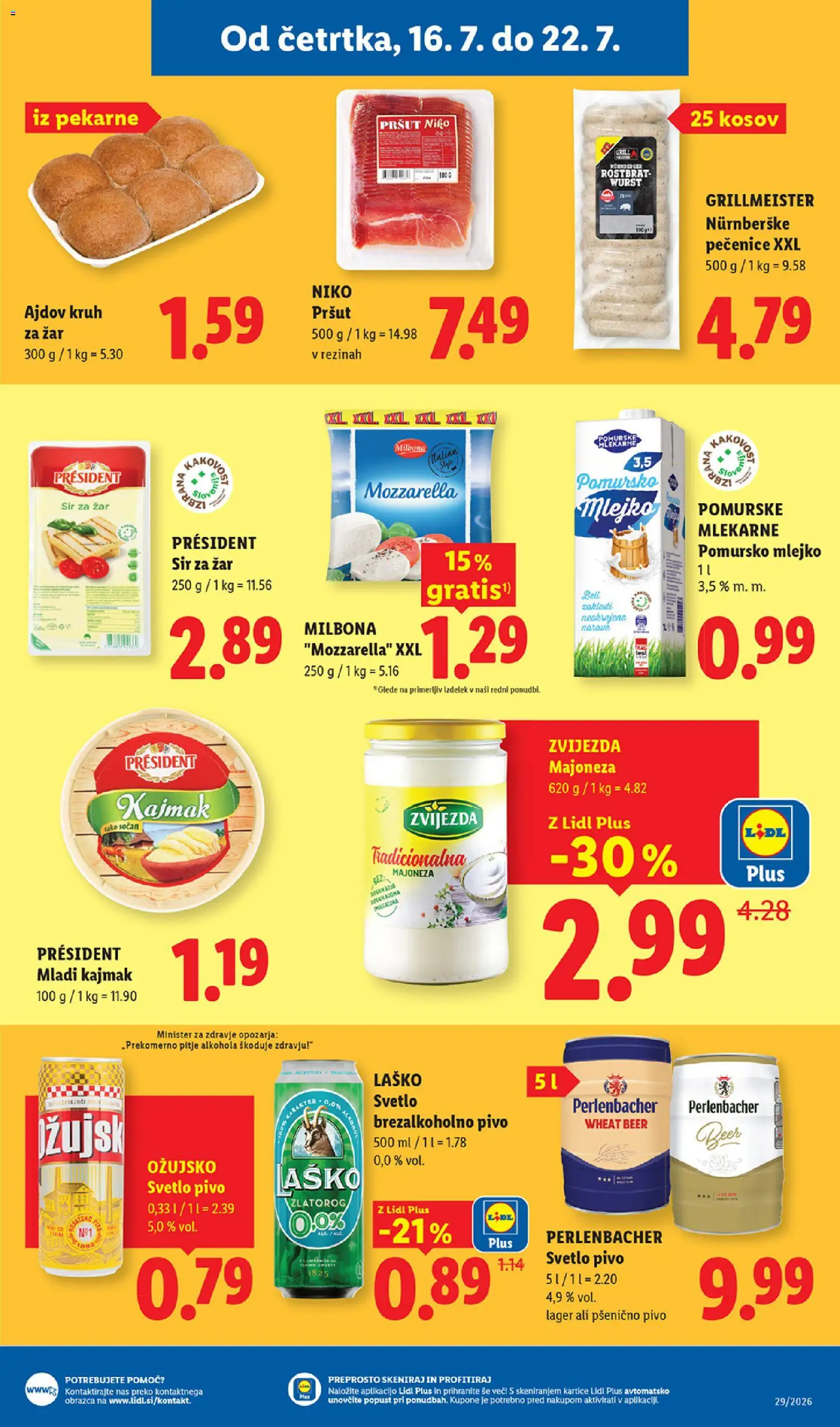 Novi Lidl katalog ponudbe – veljaven od 16.07.2026 | Stran: 15 | Izdelki: Mleko 3,5%, Sir, Kruh, Majoneza