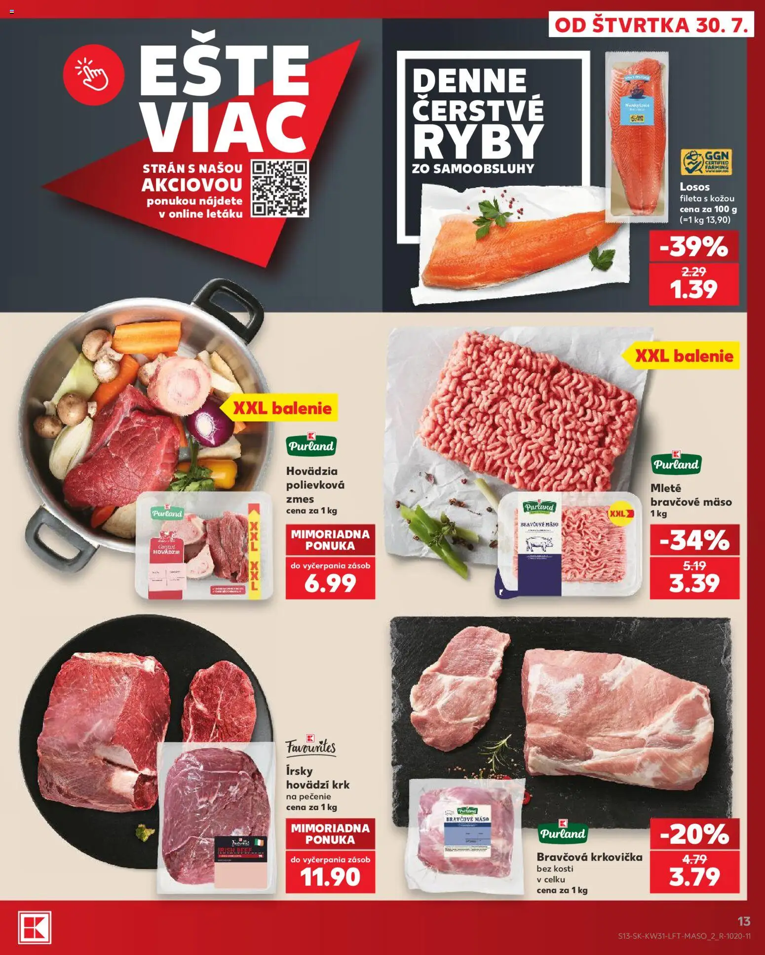 Nové Kaufland akcie – leták je platný od 30.07.2026 | Strana: 13 | Produkty: Ryby, Losos, Krkovička, Bravčové mäso