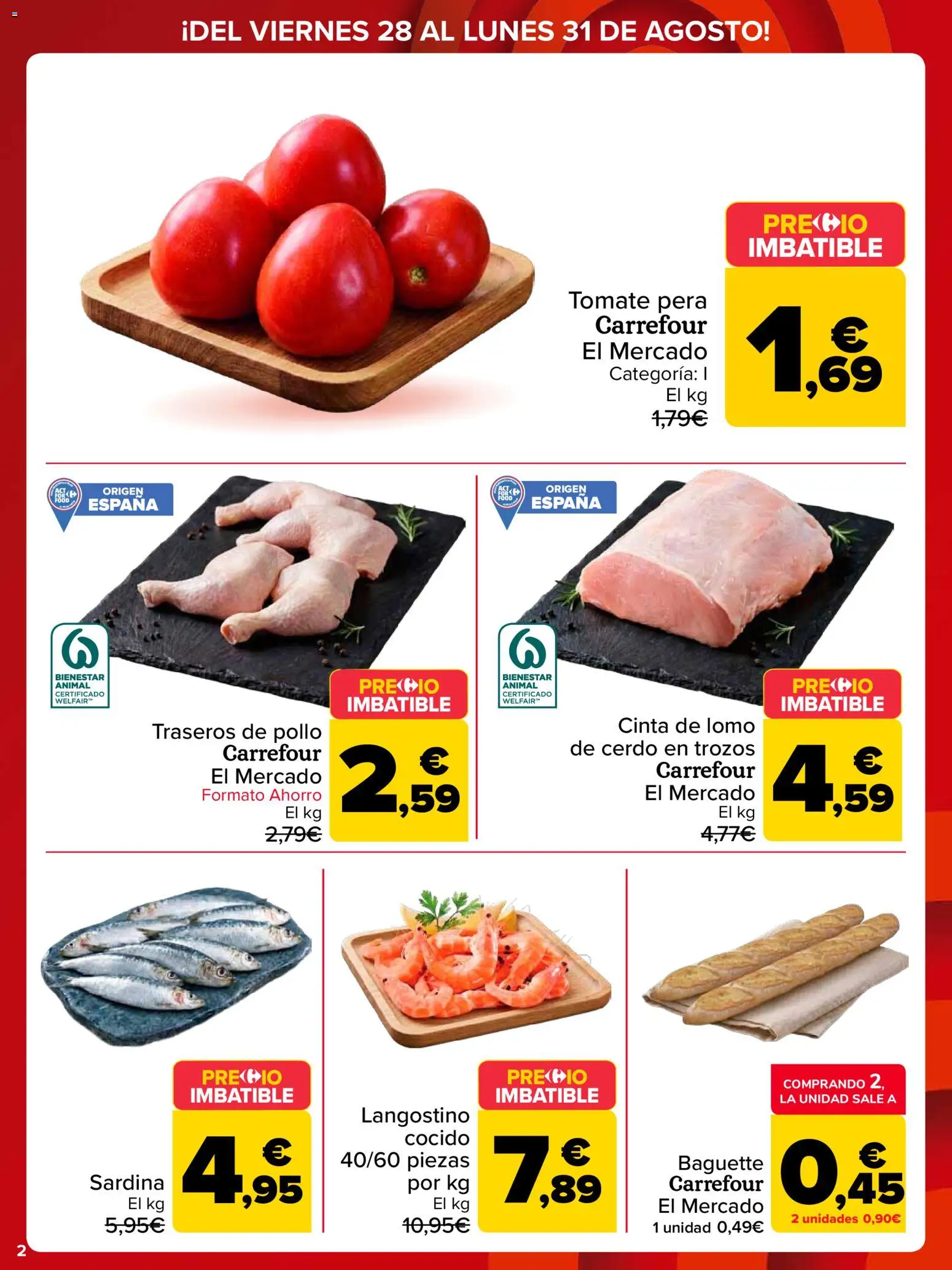 Carrefour Precio Imbatible │ válido desde el 28/08/2026 | Página: 2 | Productos: Baguette, Tomate, Cerdo, Lomo de cerdo