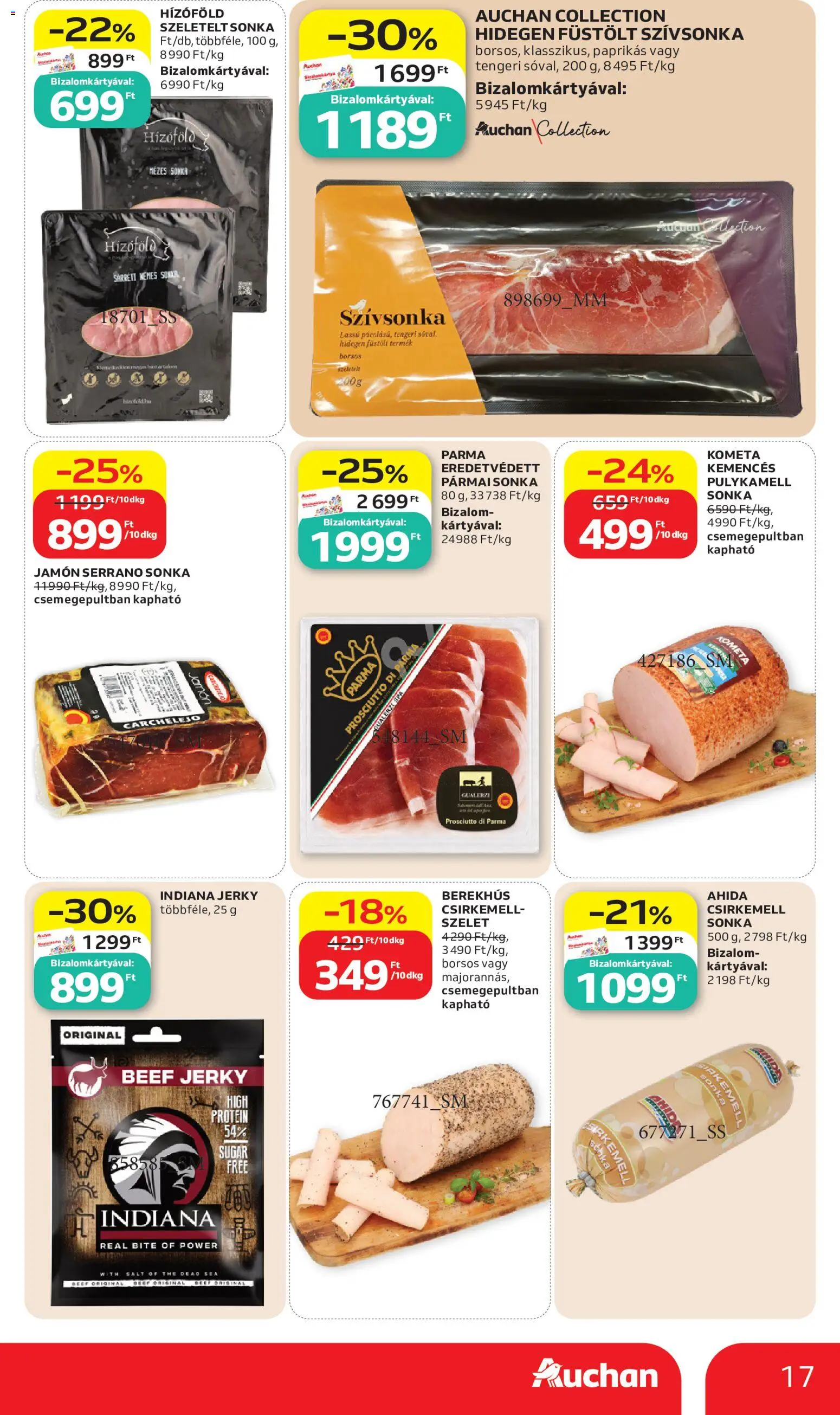 Auchan akciós ujság - amely érvényes a következő dátumtól: 2026.07.02. | Oldal: 17 | Termékek: Serrano sonka, Pármai sonka, Sonka, Szívsonka