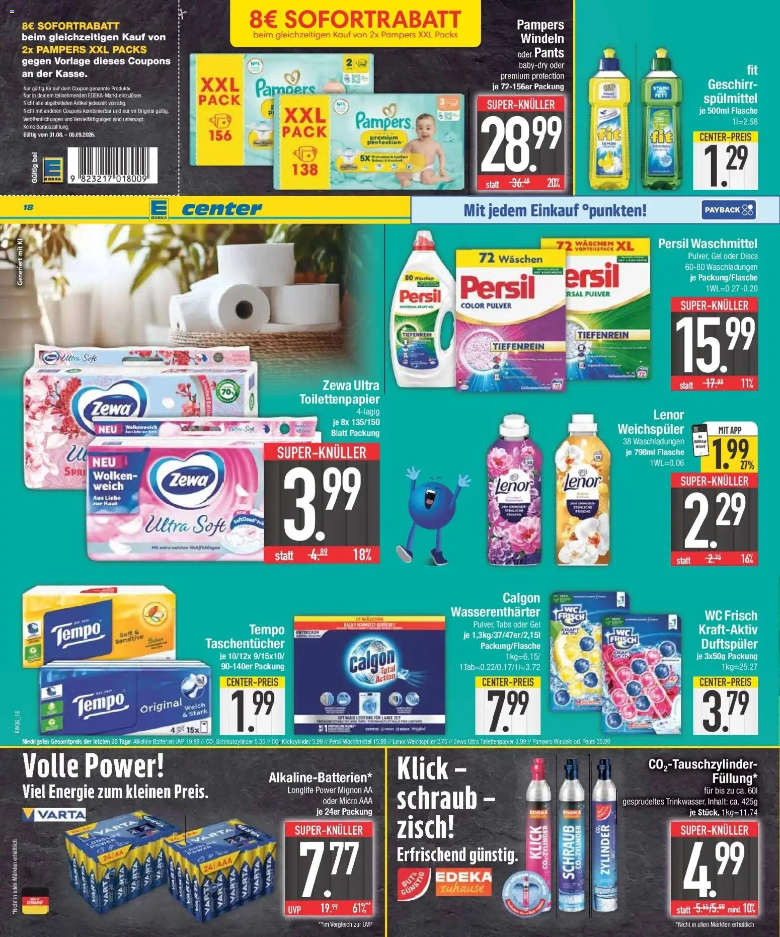 E center Prospekt Krumbach (ab 31.08.2026) zum Blättern | Seite: 18 | Produkte: Batterien, Pampers, Zewa, Tempo
