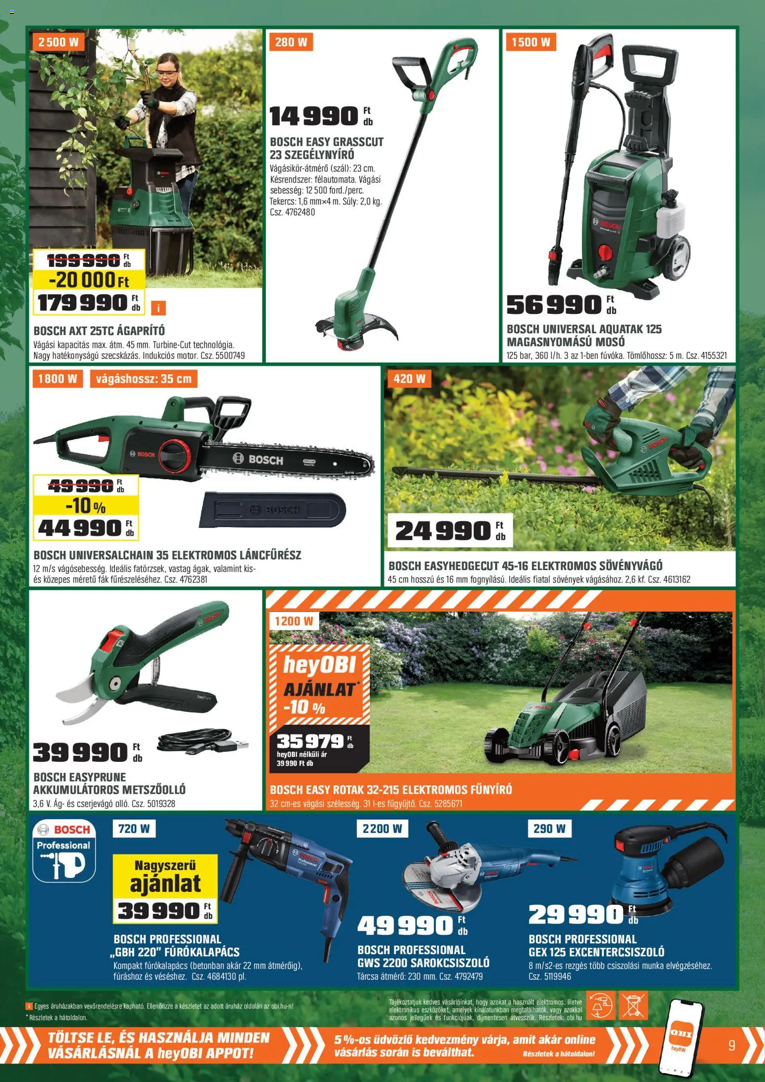 OBI akciós ujság - amely érvényes a következő dátumtól: 03.03.2026 | Oldal: 9 | Termékek: Elektromos láncfűrész, Ágaprító, Elektromos fűnyíró, Magasnyomású mosó