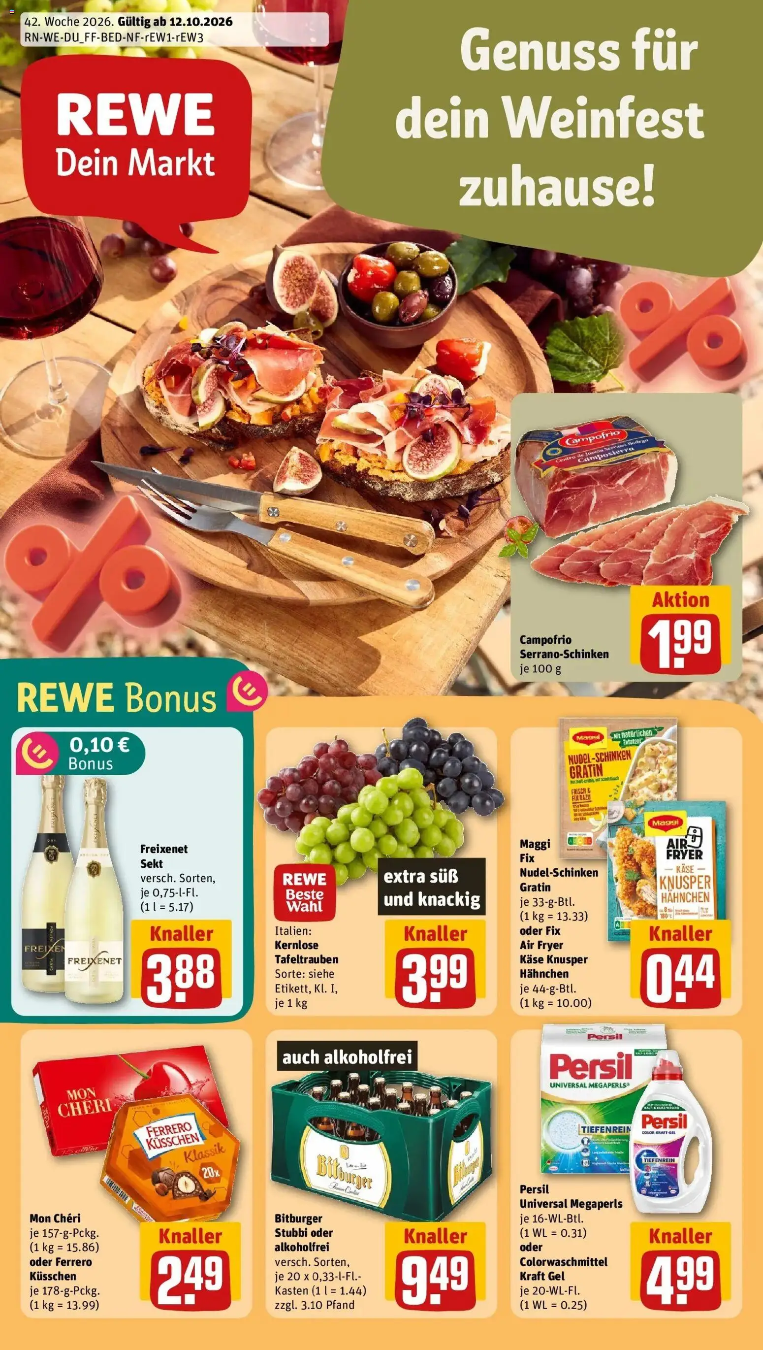 REWE Prospekt ab 12.10.2026 zum Blättern » Angebote | Seite: 1 | Produkte: Maggi, Käse, Sekt, Mon cheri