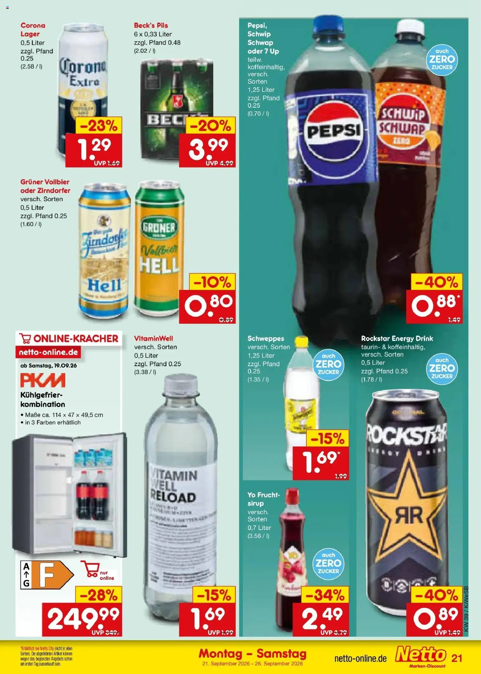 Netto Marken-Discount Prospekt Bad Friedrichshall – gültig ab 21.09.2026 | Seite: 29 | Produkte: Energy, Sirup, Schweppes, Pepsi