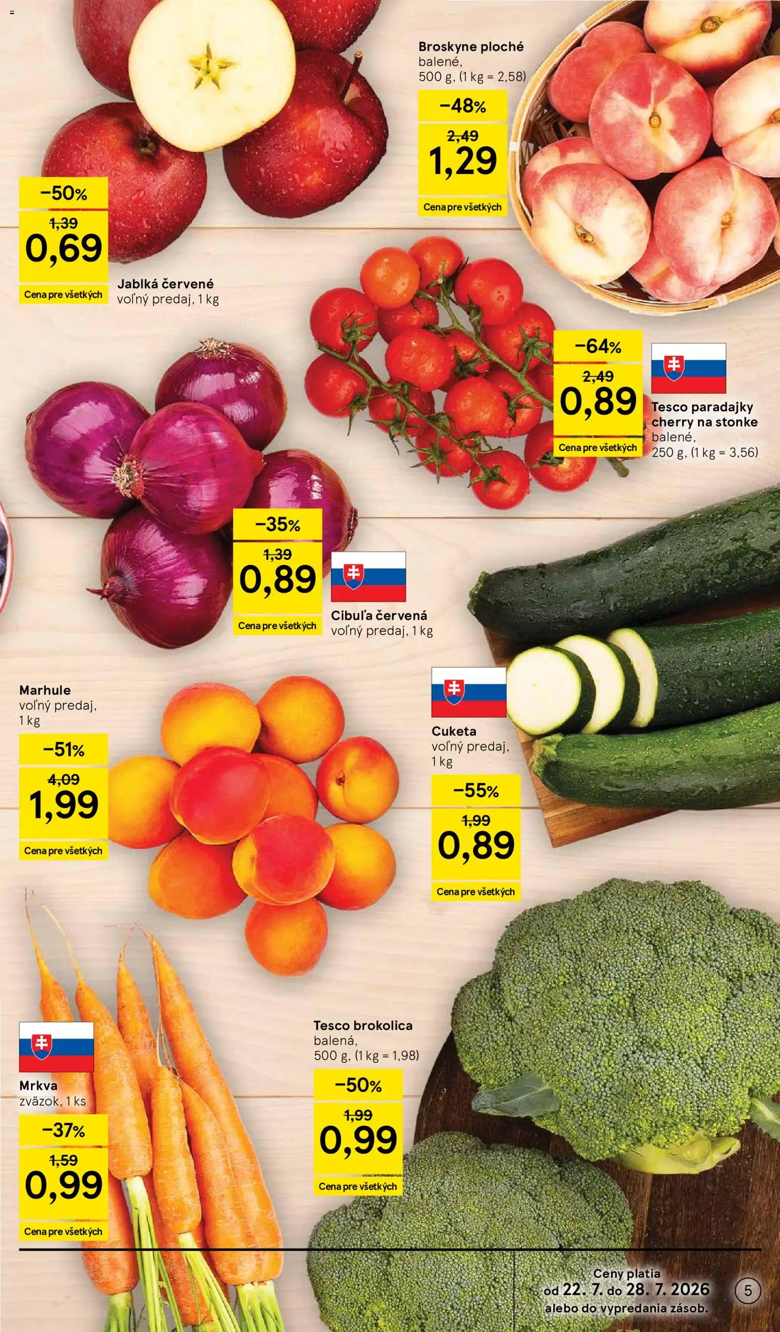 Nové Tesco akcie – leták je platný od 22.07.2026 | Strana: 5 | Produkty: Mrkva, Cibuľa, Cuketa, Marhule