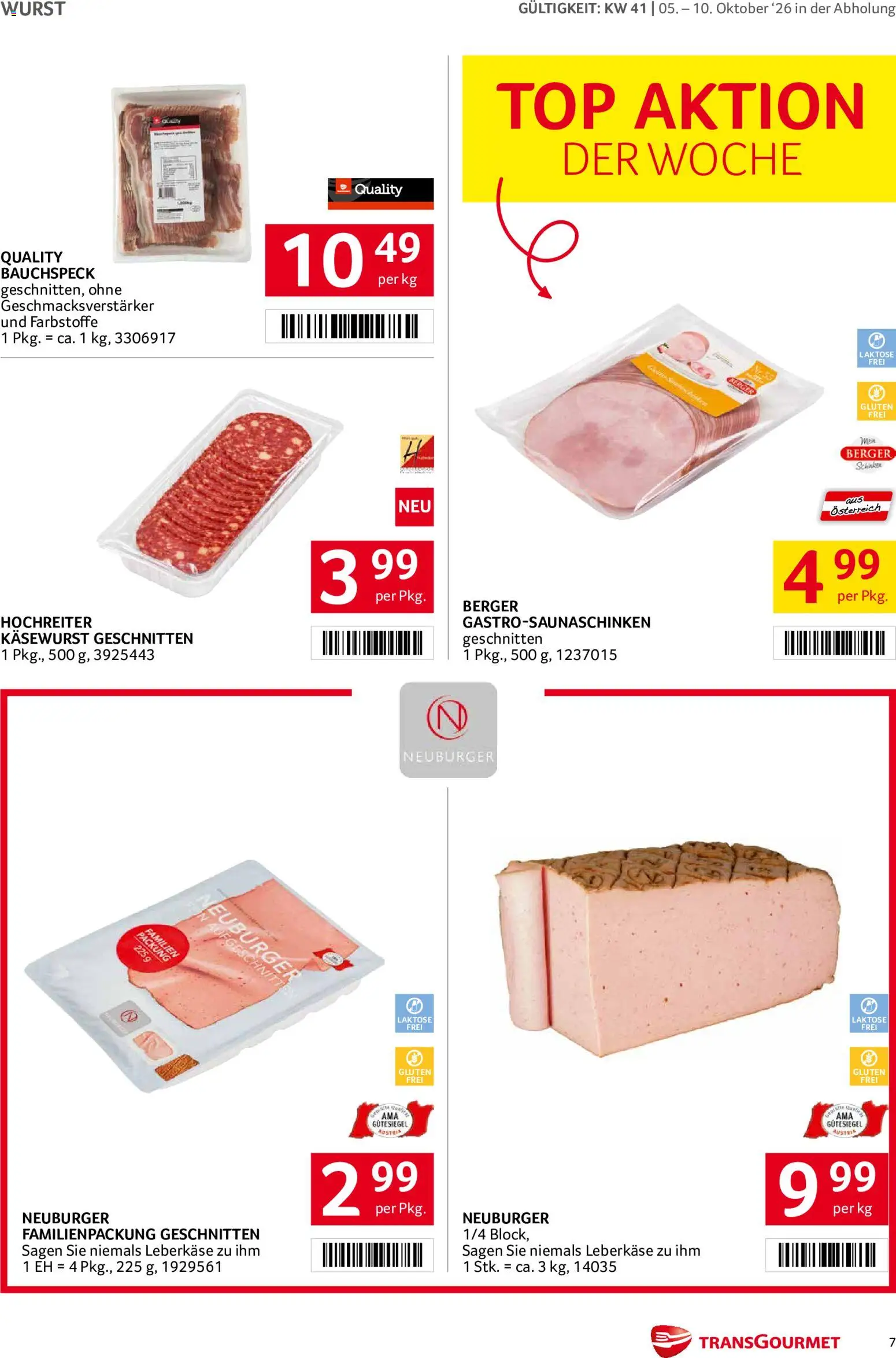 Transgourmet Flugblatt gültig ab 05.10.2026 | Seite: 7 | Produkte: Wurst, Schinken