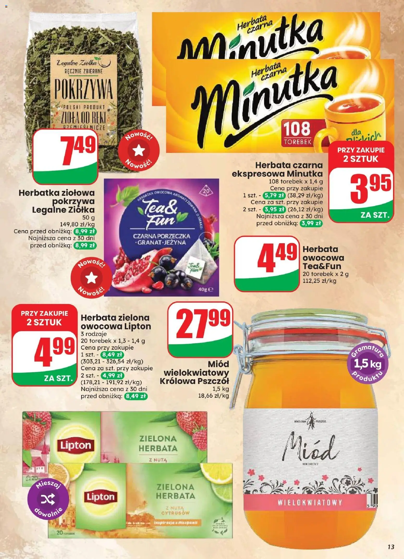 Dino gazetka od 12.08.2026 | Strona: 13 | Produkty: Herbata czarna, Miód, Herbata zielona, Herbata