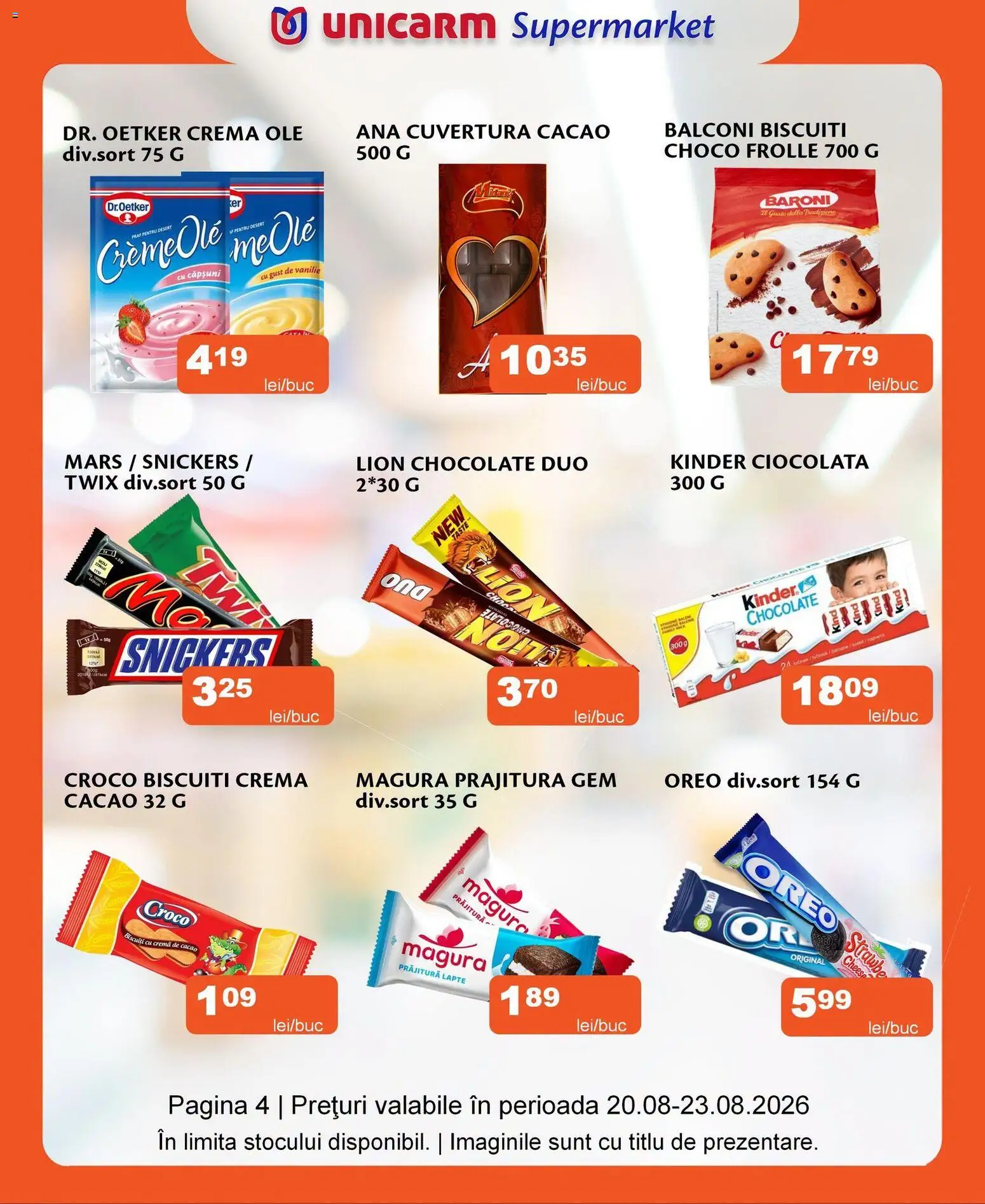 Noul catalog Unicarm – valabil de la 20.08.2026 | Pagină: 4 | Produse: Prăjitură, Lapte, Crema de cacao, Biscuiți