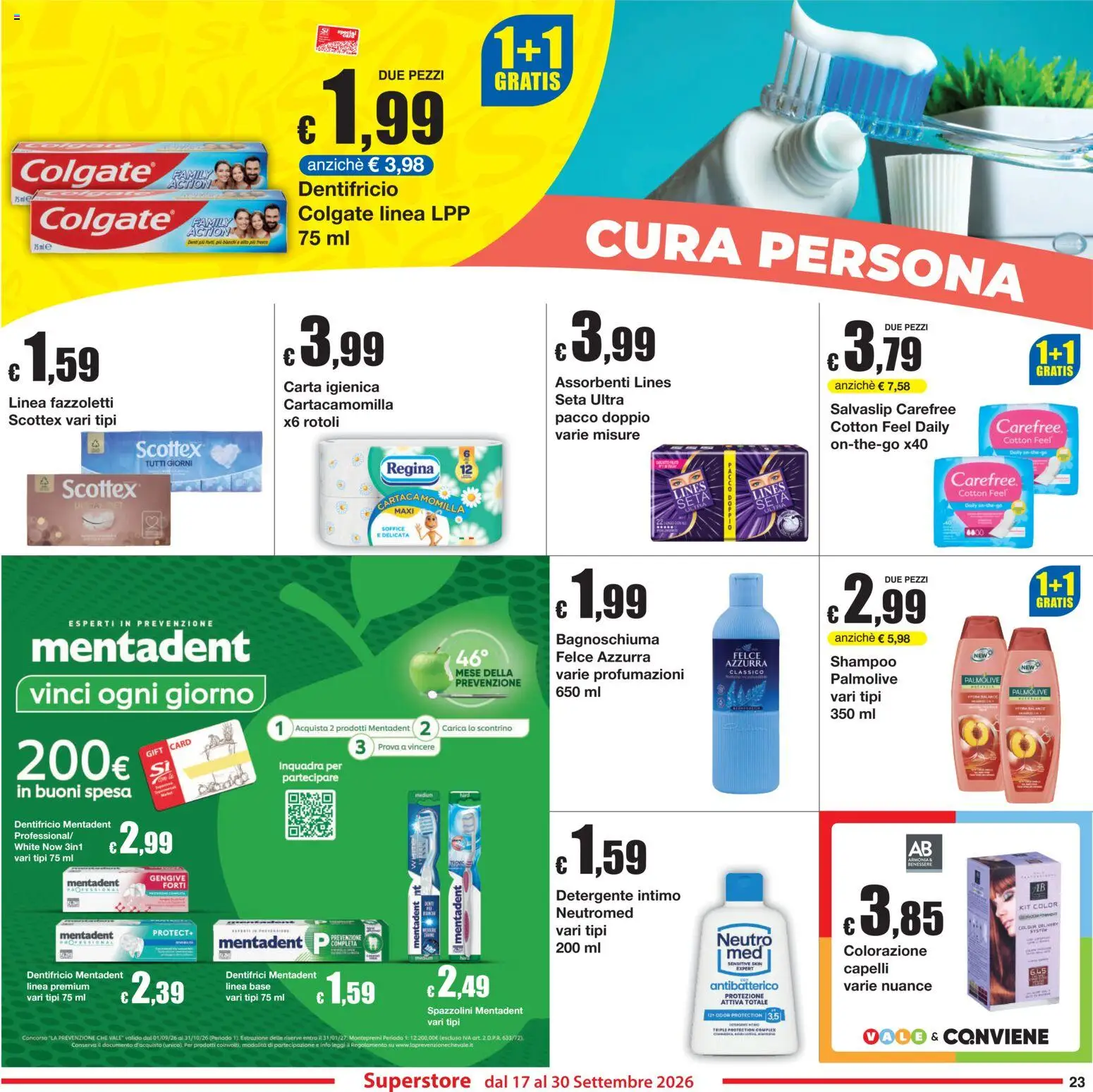 Volantino Sì con Te del 17/09/2026 | Pagina: 23 | Prodotti: Bagnoschiuma, Detergente intimo, Fazzoletti, Assorbenti