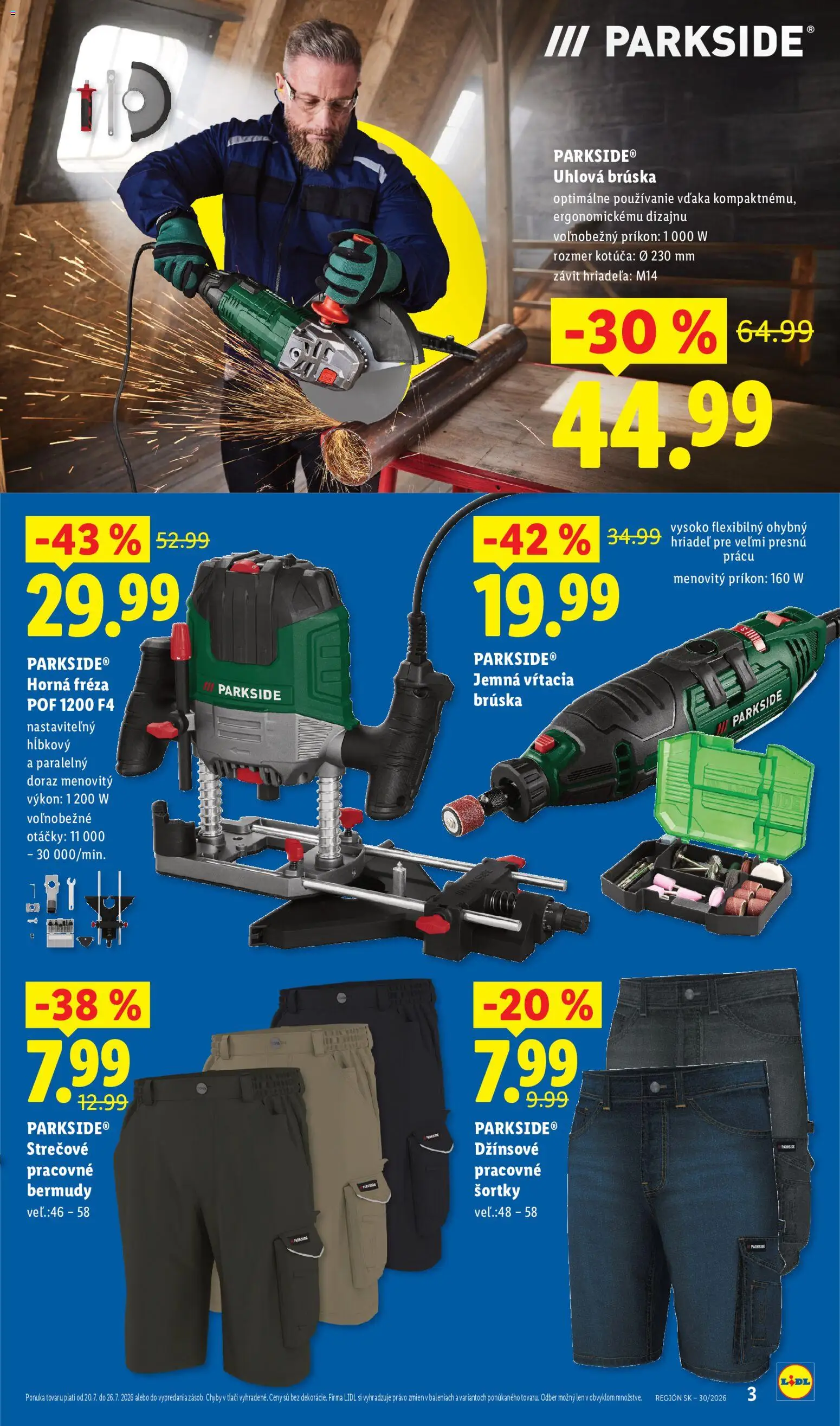 Nové Lidl akcie – leták je platný od 20.07.2026 | Strana: 3 | Produkty: Fréza, Uhlová brúska, Parkside