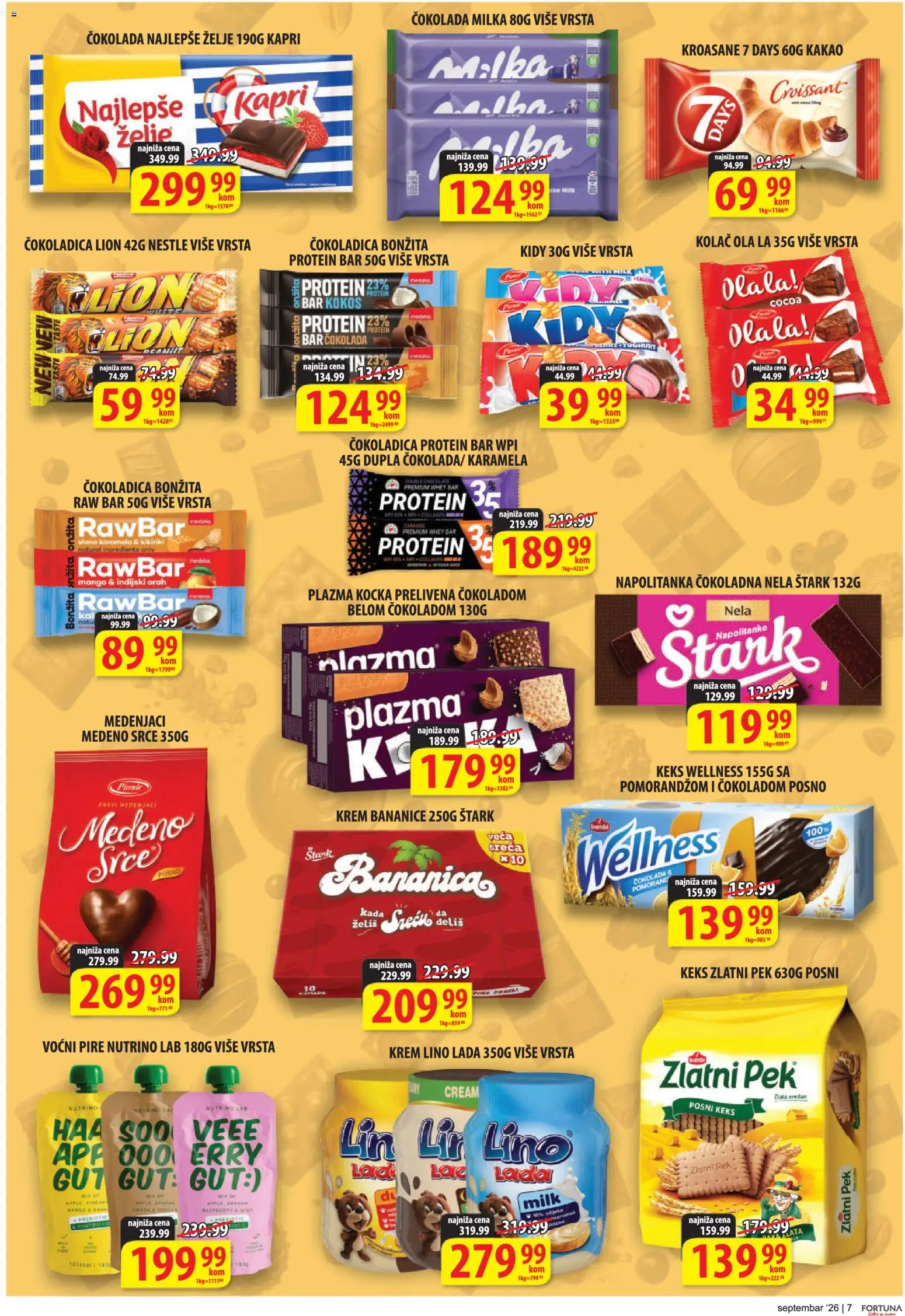 Fortuna Market katalog - važi od 11.09.2026 | Strana: 7 | Proizvode: Keks, Čokoladica, Čokolada, Pire