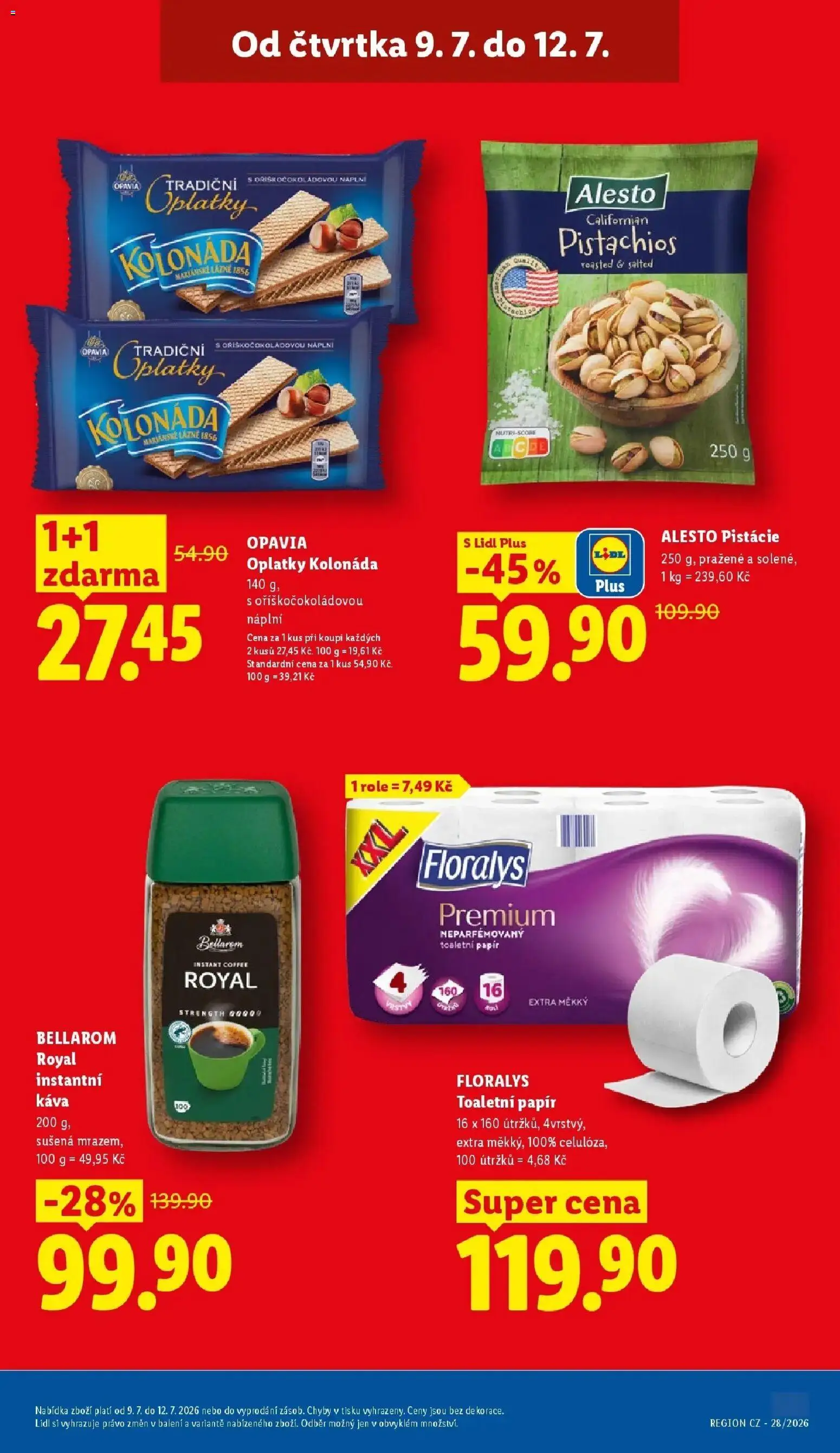 Lidl aktuální leták od 09.07.2026 | Strana: 3 | Produkty: Instantní káva, Pistácie, Toaletní papír, Oplatky