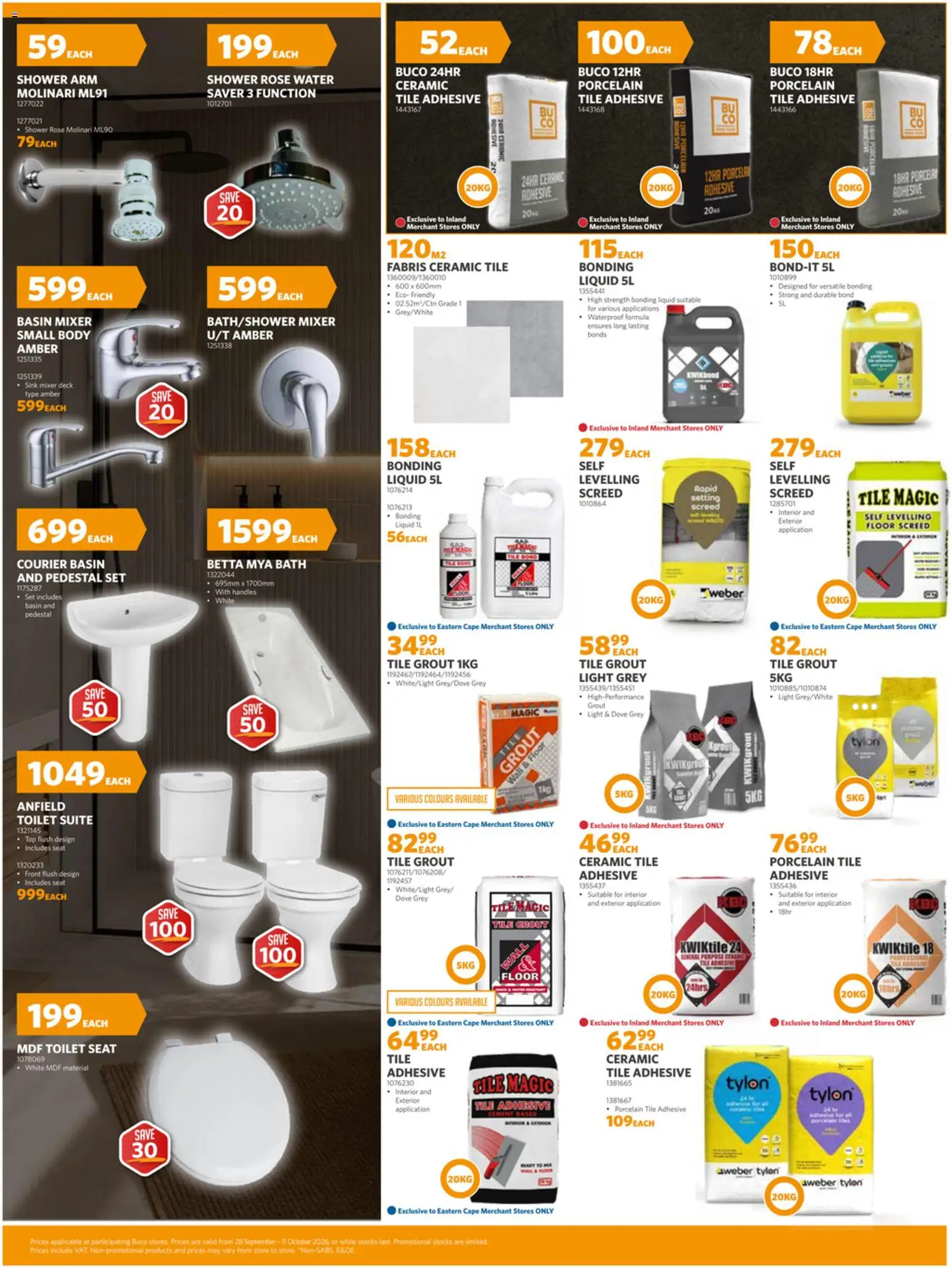 New BUCO catalogue – valid from 28/09/2026 | Page: 6 | Products: Tile grout, Shower, Bonding liquid, Cement