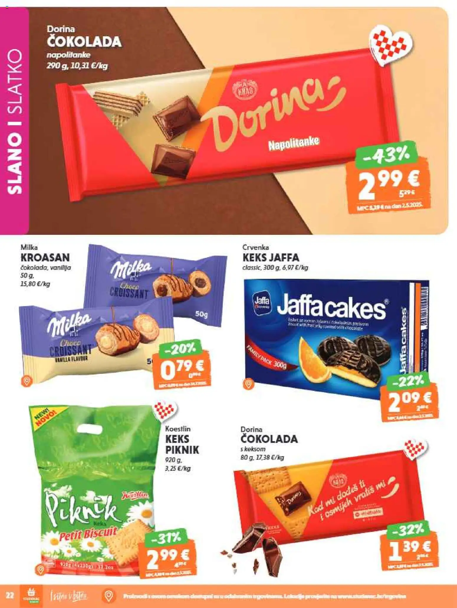 Studenac katalog | vrijedi od 13.05.2026 | Stranica: 22 | Proizvodi: Dorina, Čokolada, Napolitanke, Milka