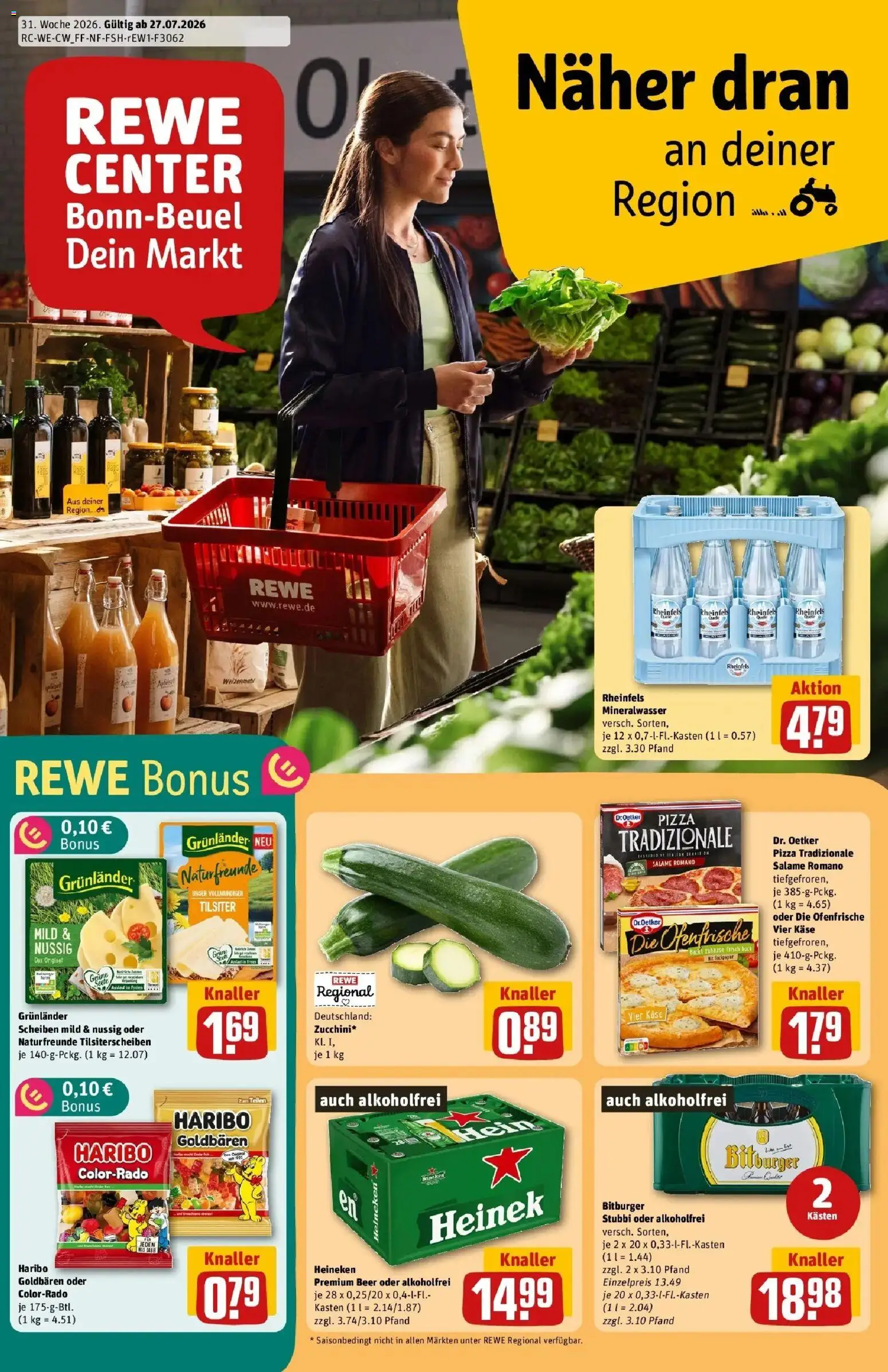 Rewe Prospekt Bonn / Beuel – gültig ab 27.07.2026 | Seite: 1 | Produkte: Bitburger, Haribo, Käse, Weizenmehl