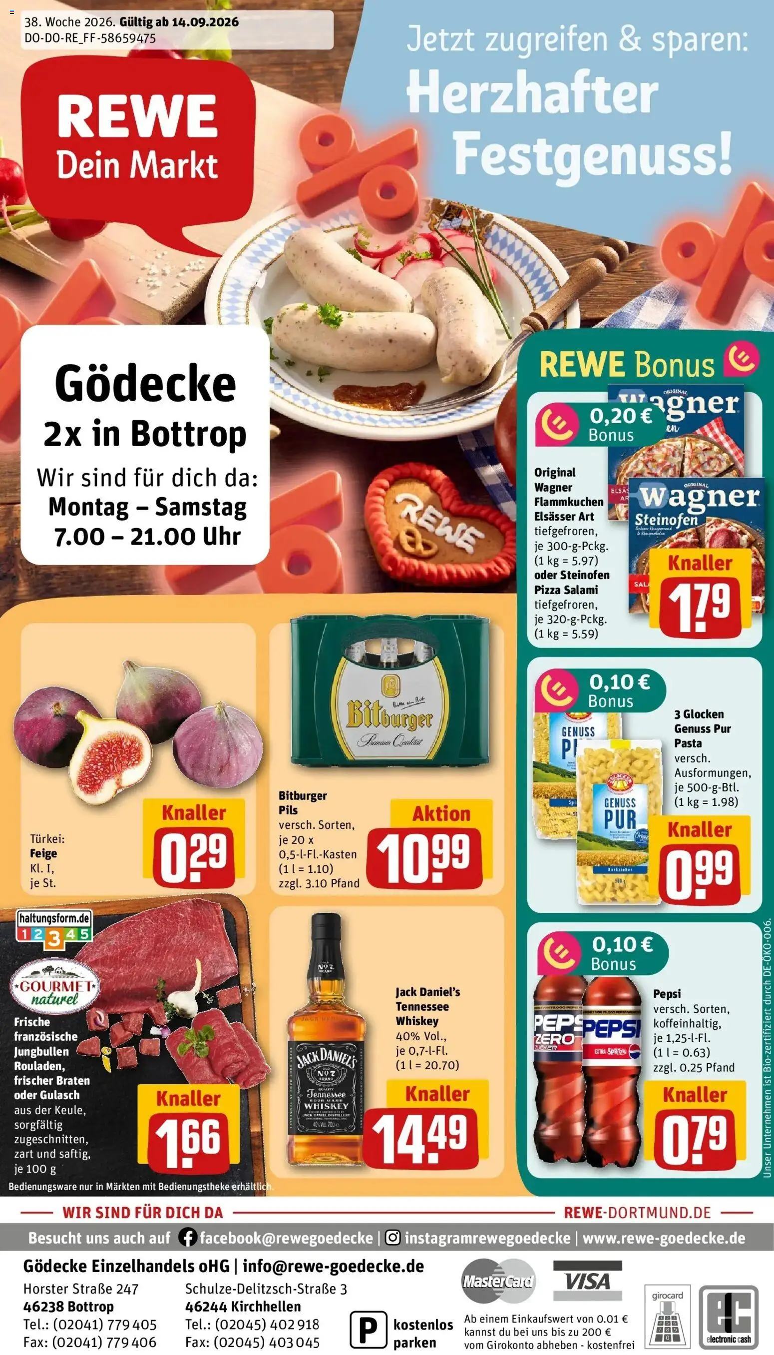 REWE Prospekt ab 14.09.2026 zum Blättern » Angebote | Seite: 1 | Produkte: Bitburger, Jack Daniel's, Pasta, Salami