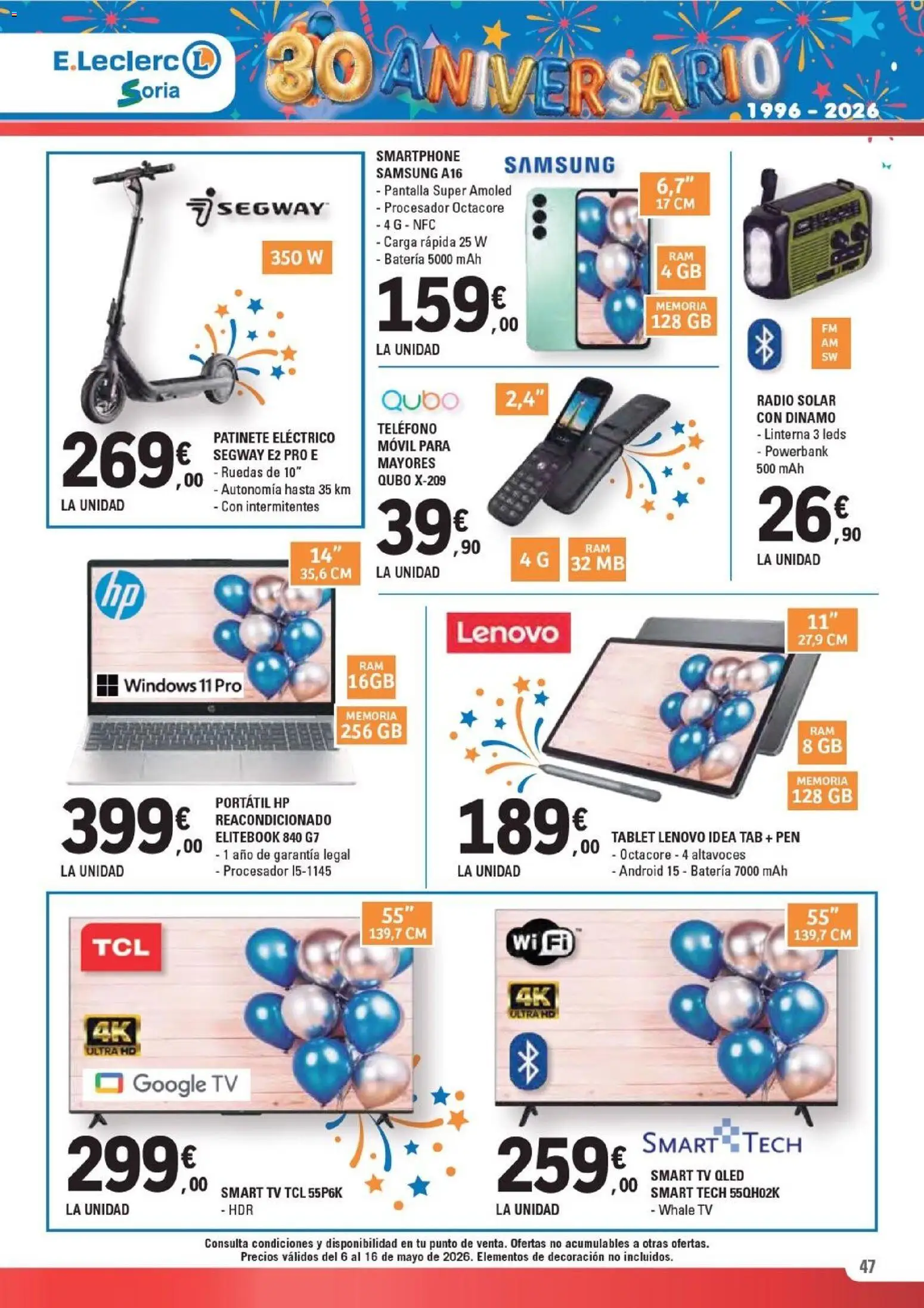 E.Leclerc Soria │ válido desde el 06.05.2026 | Página: 47 | Productos: Portátil HP, Patinete, Teléfono, Batería