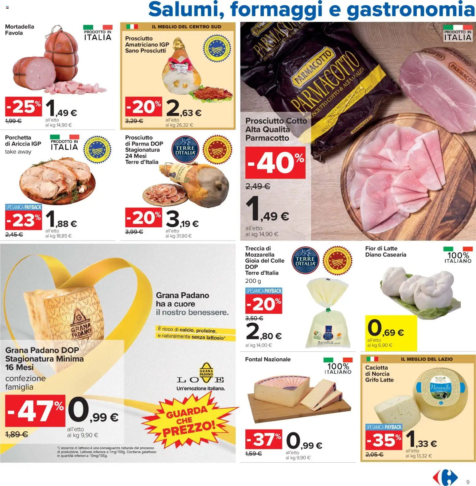 Volantino Carrefour del 13/07/2026 | Pagina: 9 | Prodotti: Porchetta, Prosciutto Cotto, Mozzarella, Grana Padano