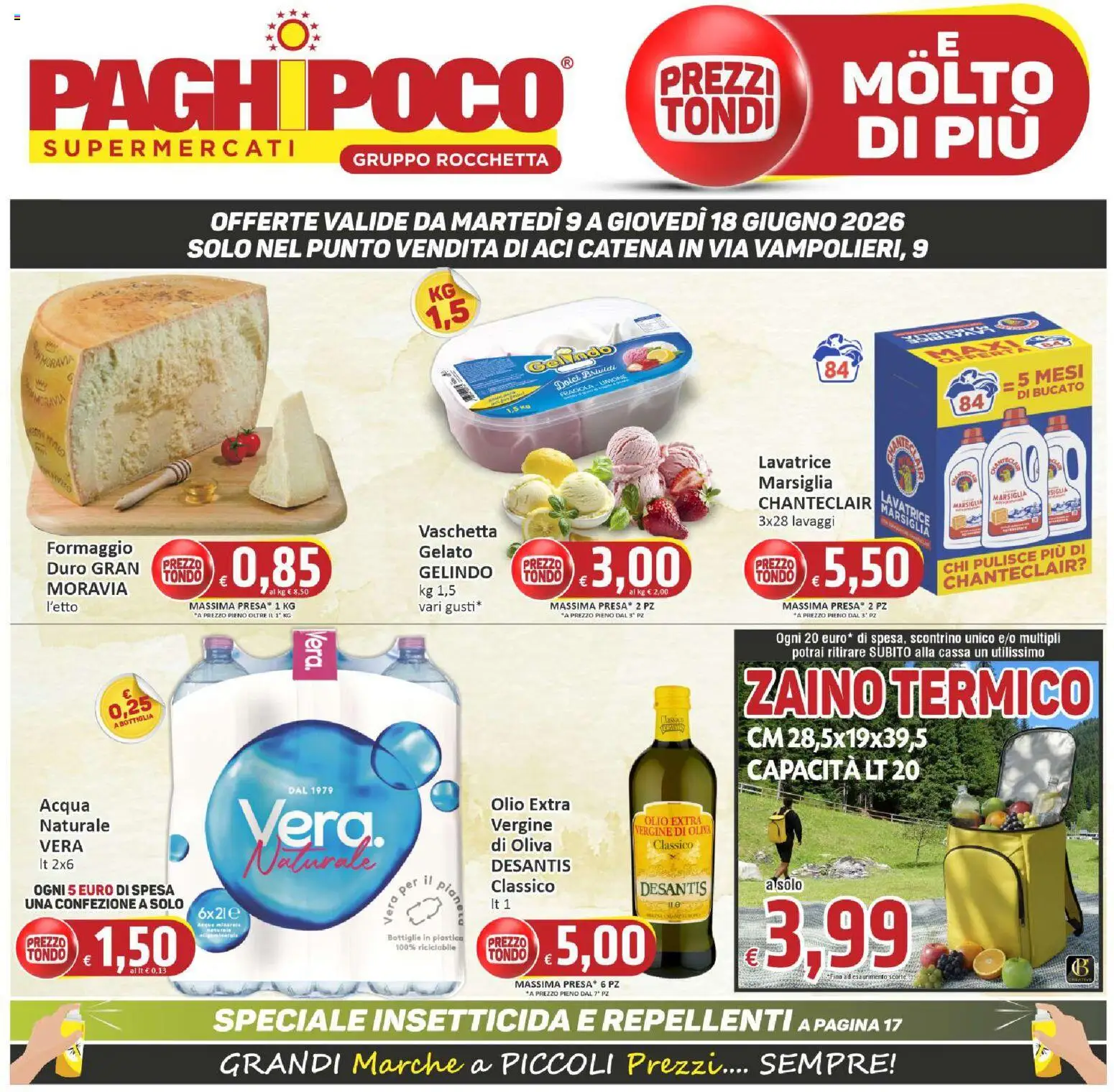 Volantino Paghi Poco del 09.06.2026 | Pagina: 1 | Prodotti: Formaggio, Zaino, Olio extra vergine, Bottiglia