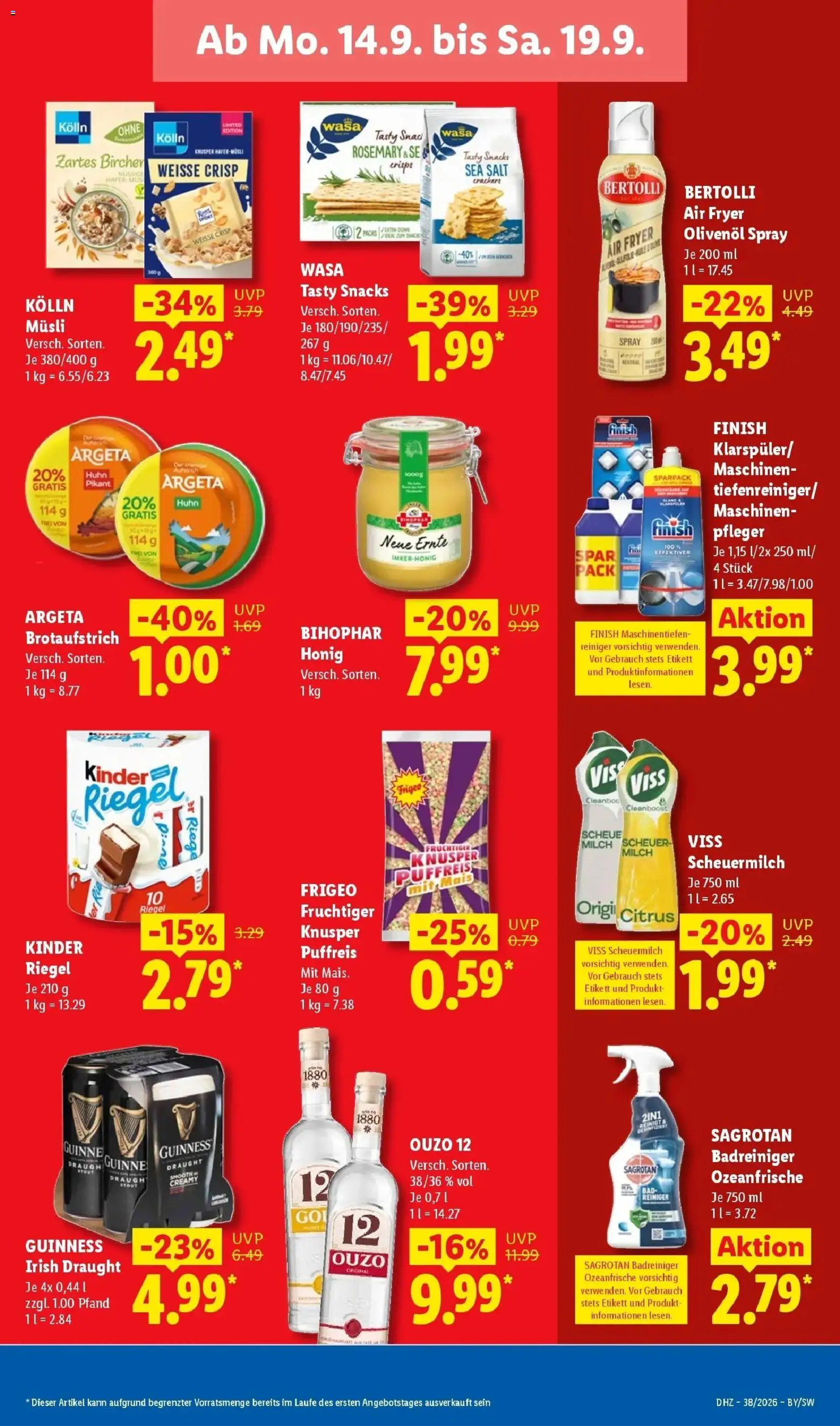 Lidl Prospekt Weikersheim (ab 14.09.2026) zum Blättern » Angebote | Seite: 19 | Produkte: Milch, Olivenol, Finish, Kinder riegel