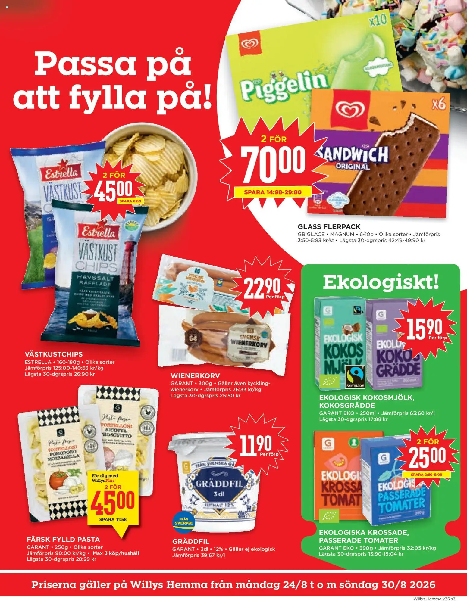 Willys reklamblad aktuell från 24/08/2026 | Sida: 3 | Produkter: Sandwich, Gräddfil, Pasta, Glass
