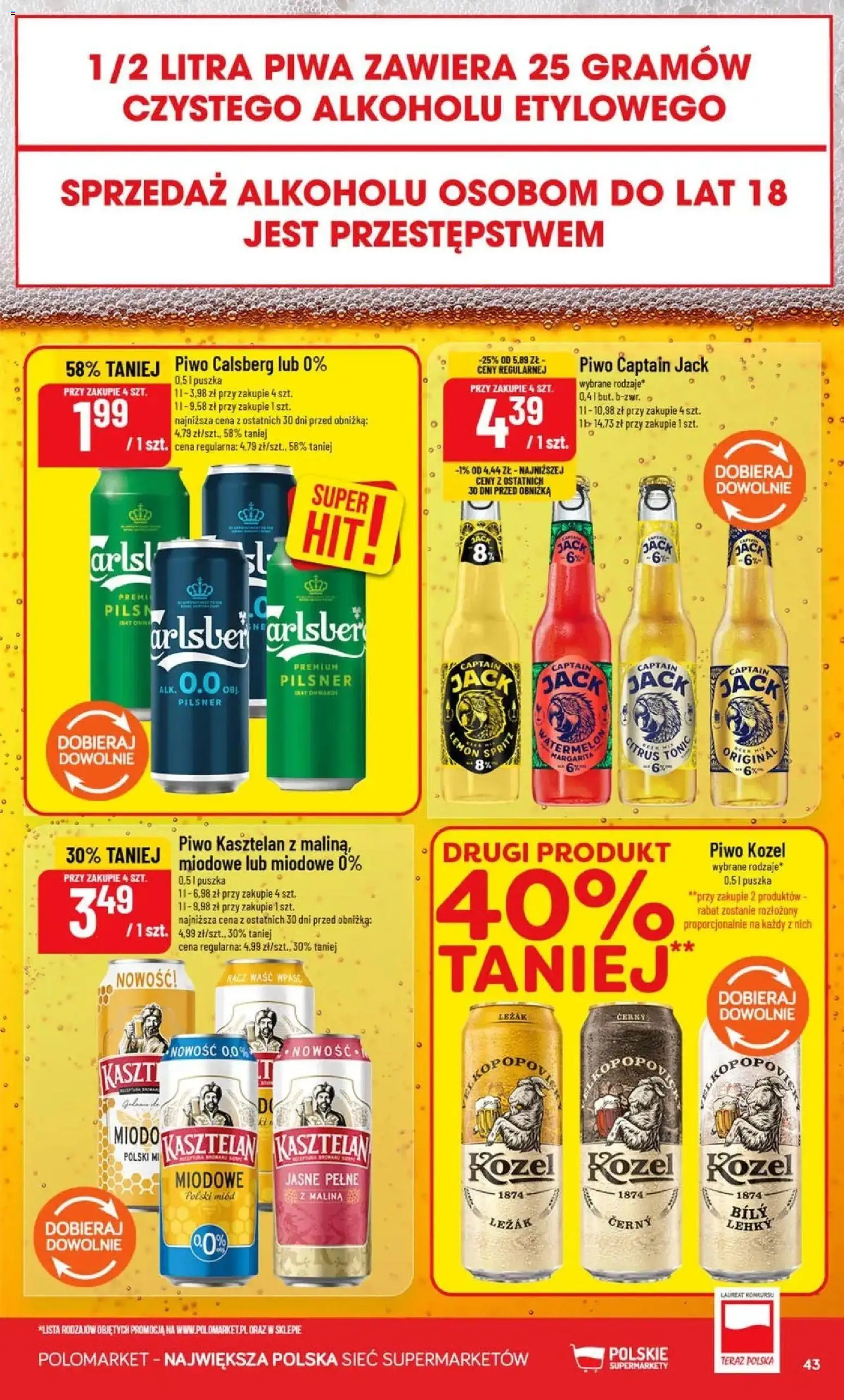 Nowa POLOmarket gazetka od jutra 26.08.2026 | Strona: 43 | Produkty: Malina, Miód, Piwo kasztelan, Piwo