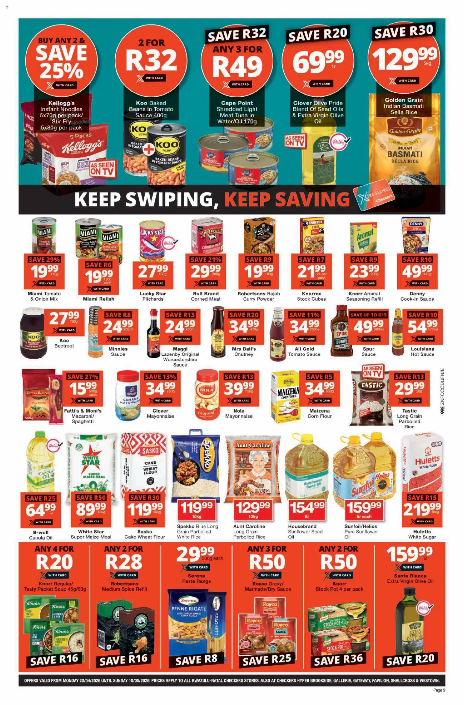 New Checkers catalogue – valid from 20.04.2026 | Page: 9 | Products: Corned meat, Beans, Seasoning, Sugar
