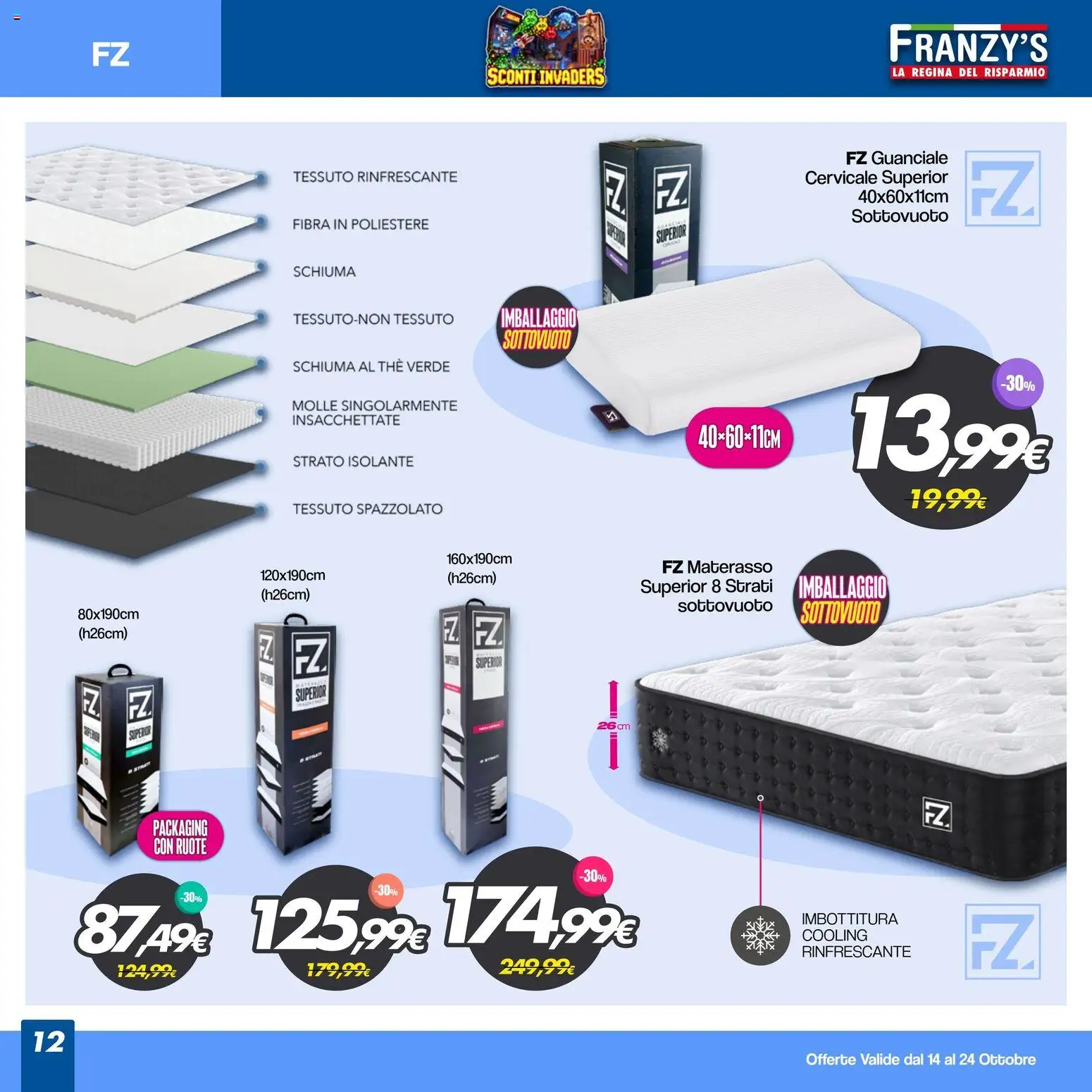 Volantino Franzy's del 14/10/2026 | Pagina: 12 | Prodotti: Schiuma, The, Materasso, Guanciale
