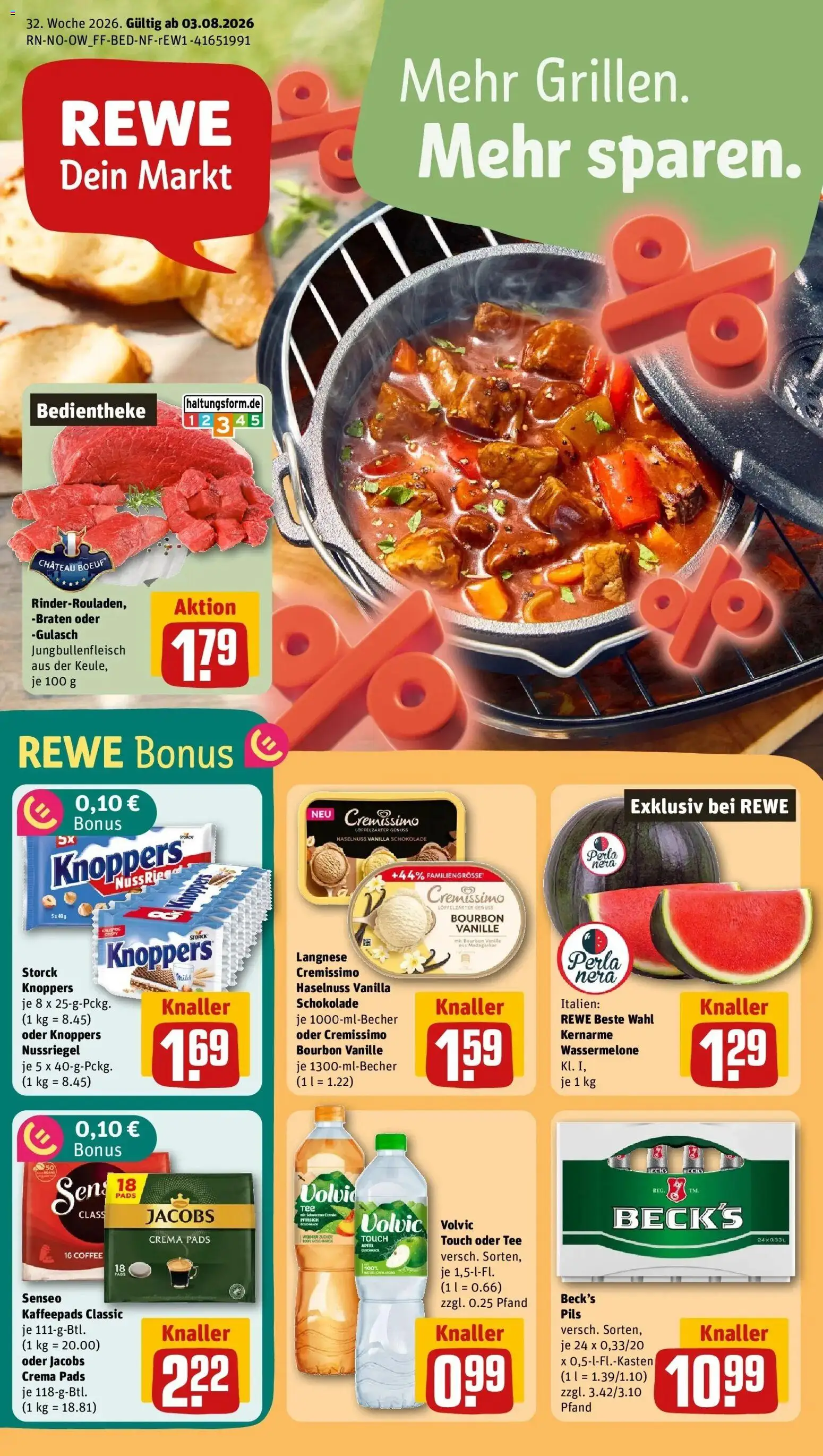 REWE Prospekt ab 03.08.2026 zum Blättern » Angebote | Seite: 1 | Produkte: Cremissimo, Vanille, Wassermelone, Tee
