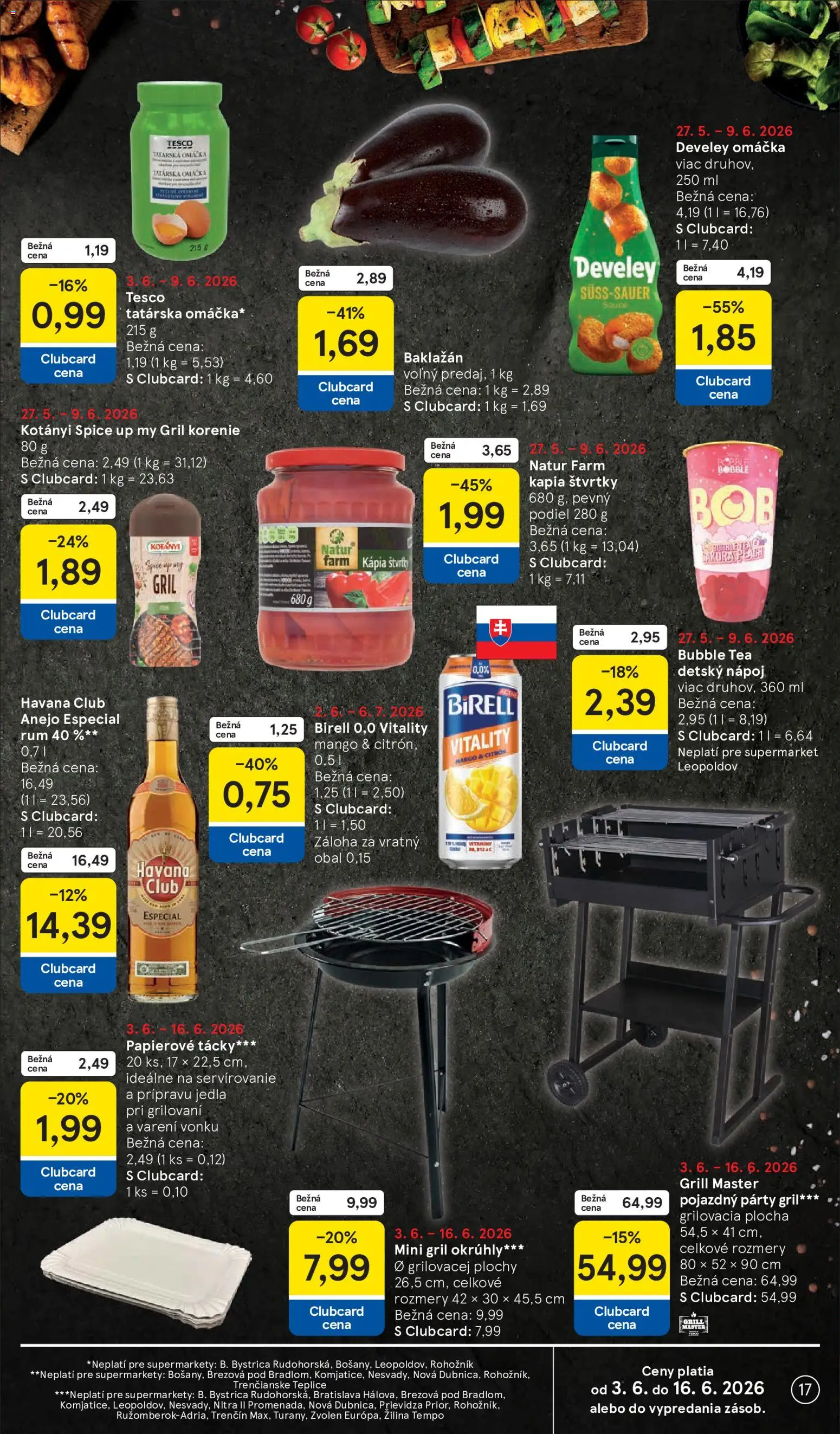 Nové Tesco akcie – leták je platný od 03.06.2026 | Strana: 17 | Produkty: Gril, Birell, Mango, Rum