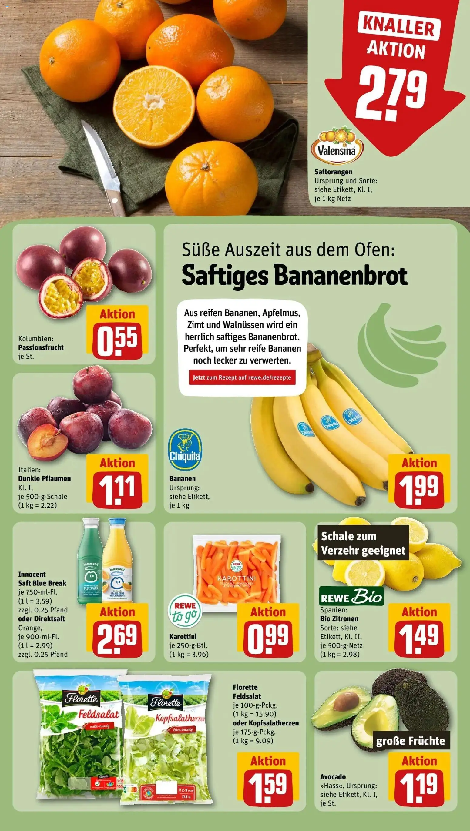 REWE Prospekt ab 12.10.2026 zum Blättern » Angebote | Seite: 4 | Produkte: Pflaumen, Bananen, Saft, Zitronen