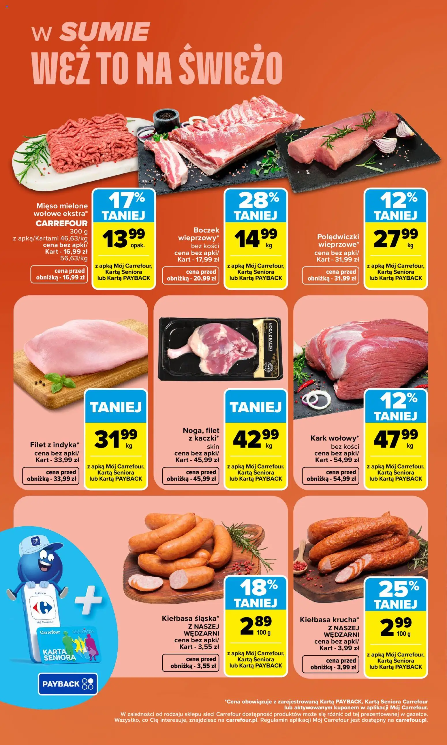 Carrefour gazetka - Weź to na świeżo od 21.09.2026 | Strona: 2 | Produkty: Kiełbasa, Mięso mielone wołowe, Boczek, Filet
