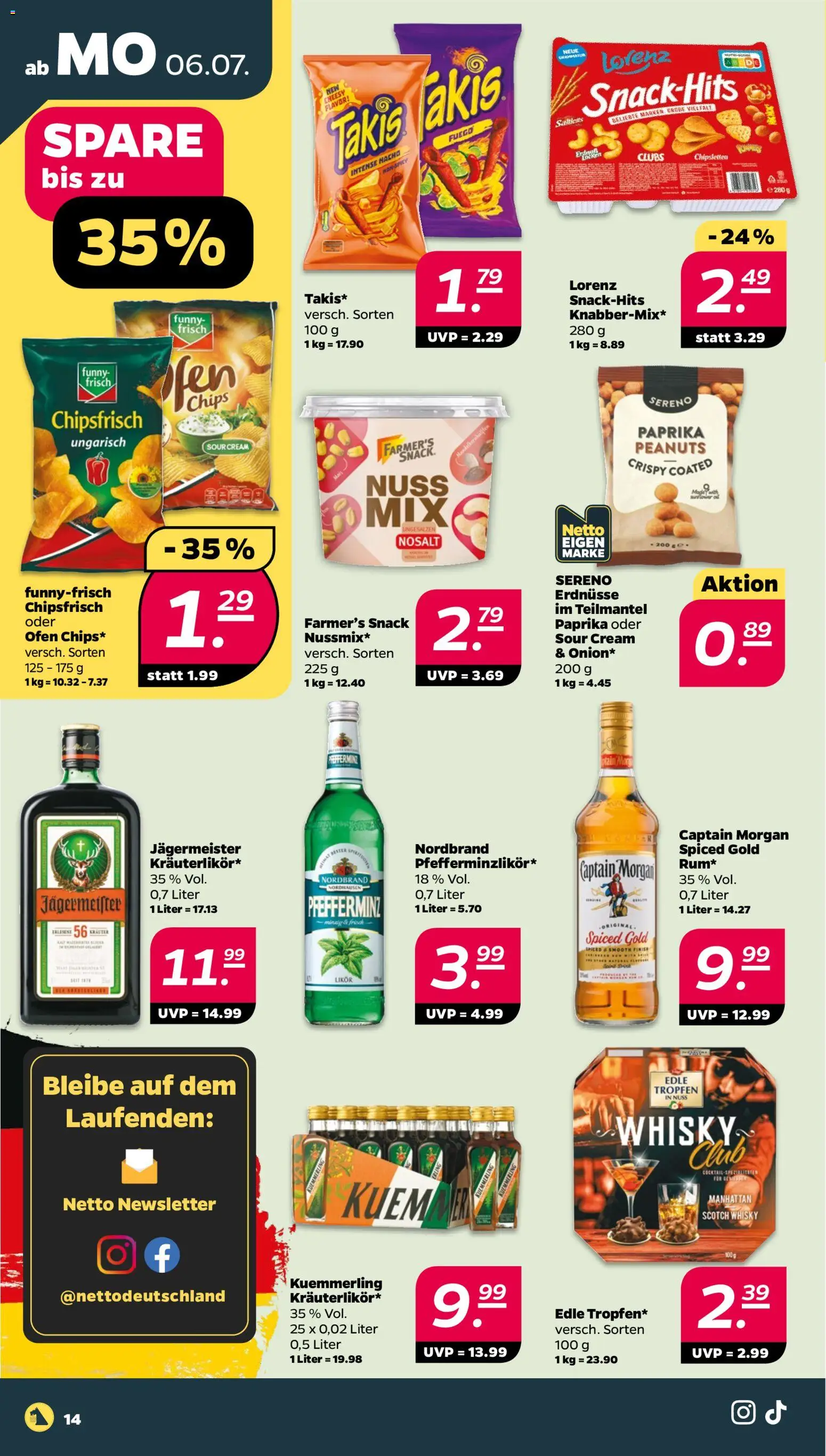 Netto Prospekt – gültig ab 06.07.2026 | Seite: 14 | Produkte: Erdnüsse, Jägermeister, Kuemmerling, Captain morgan