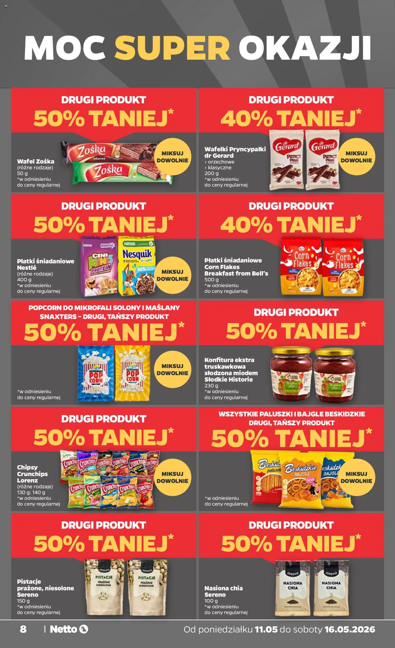 Netto gazetka od poniedziałku spożywcza od 11.05.2026 | Strona: 8 | Produkty: Paluszki, Wafelki PryncyPałki, Płatki, Corn Flakes