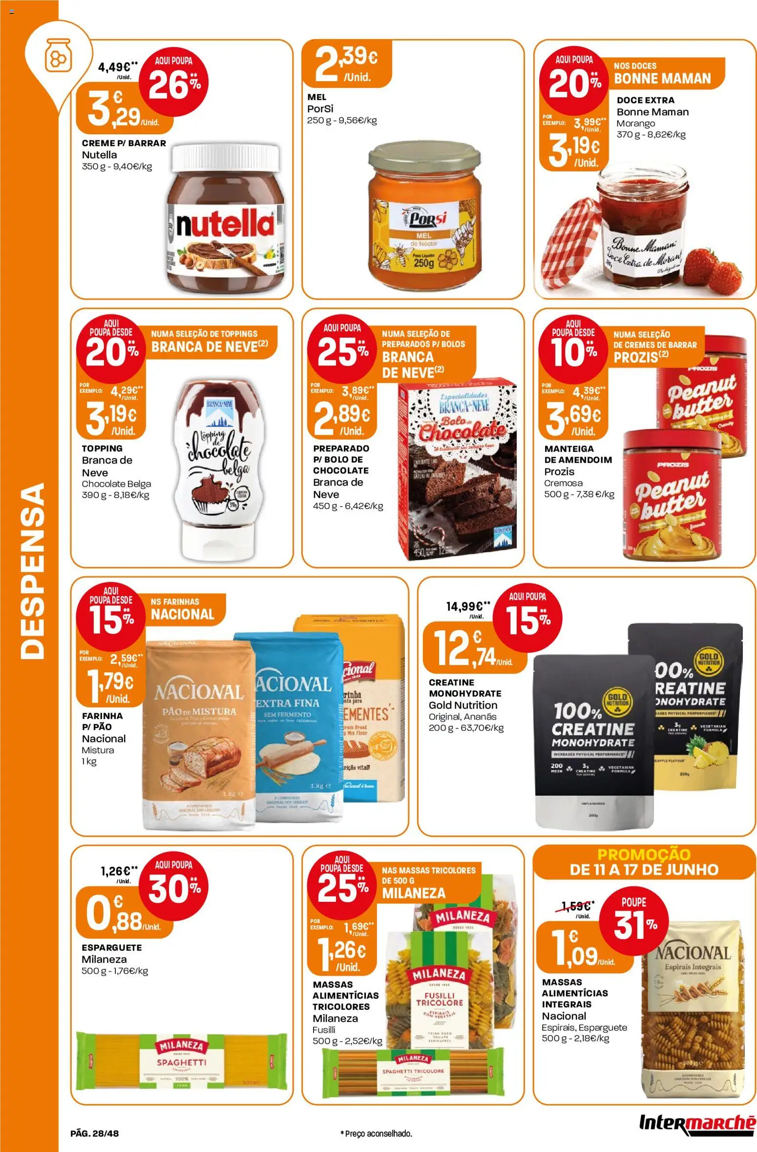 Intermarché folheto │ válido de 11.06.2026 | Página: 28 | Produtos: Esparguete, Milaneza, Manteiga, Cereais