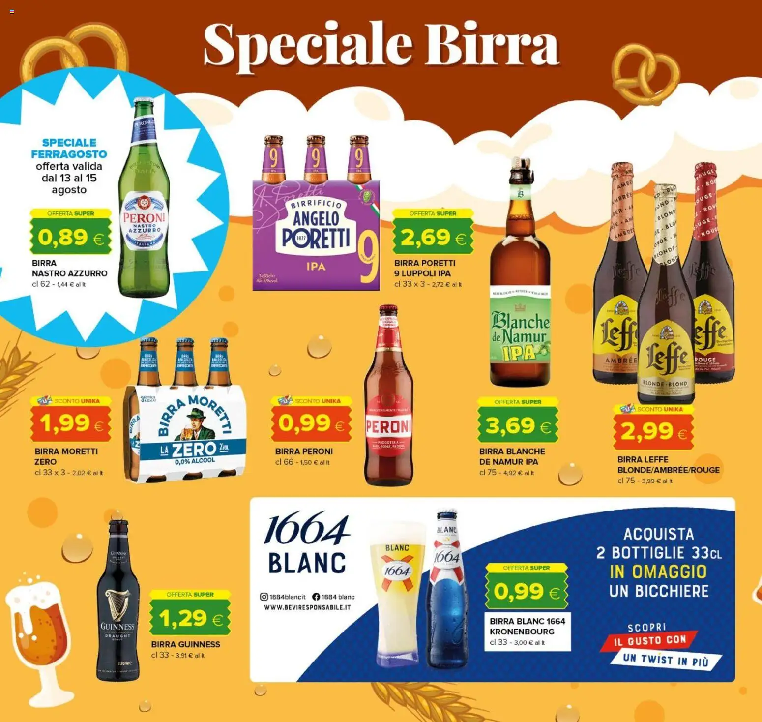 Volantino Oasi del 09/08/2026 | Pagina: 18 | Prodotti: Birra Guinness, Birra Leffe, Birra Moretti, Bicchiere