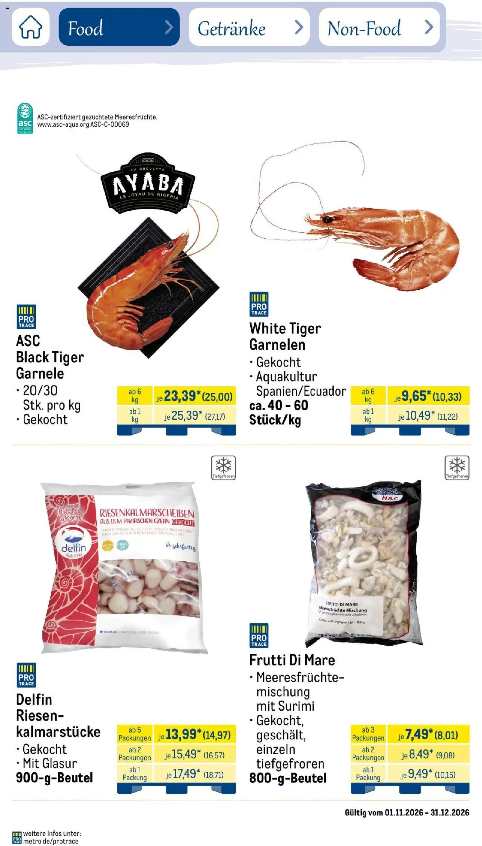 Metro Saisonkatalog Festtage voller Genuss – gültig ab 01.11.2026 | Seite: 40 | Produkte: Garnelen, Meeresfrüchte, Tiger garnelen