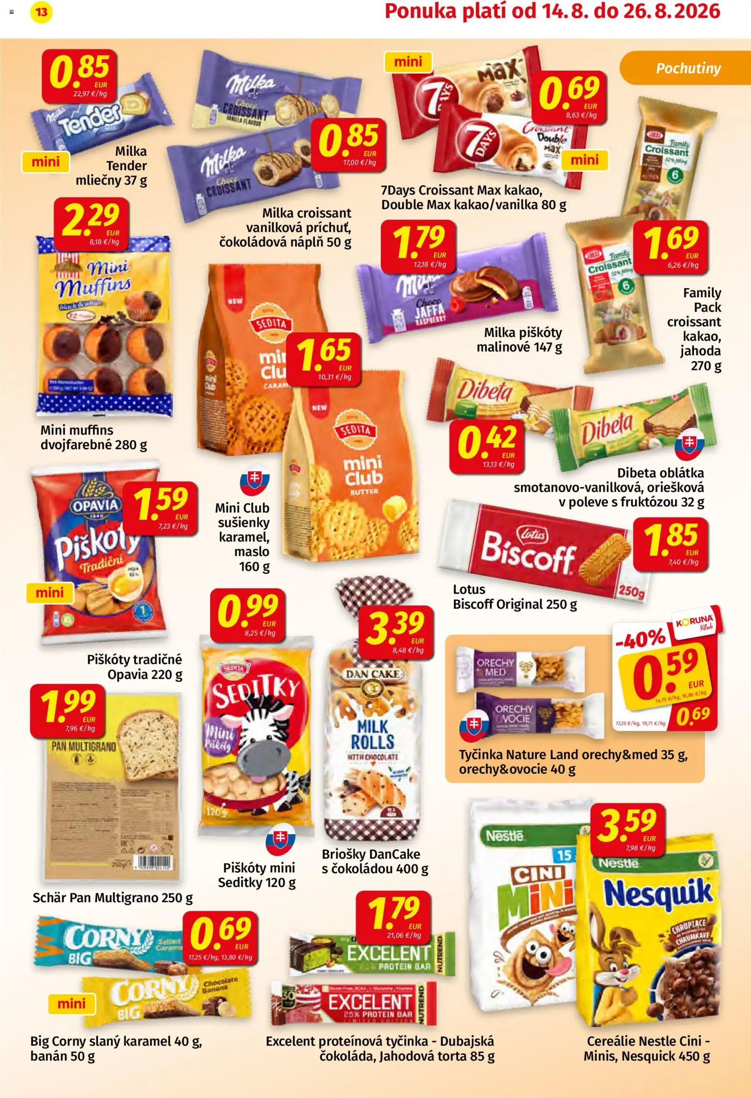 Nové Koruna akcie – leták je platný od 14.08.2026 | Strana: 13 | Produkty: Lotus, Proteínová tyčinka, Cereálie, Orechy