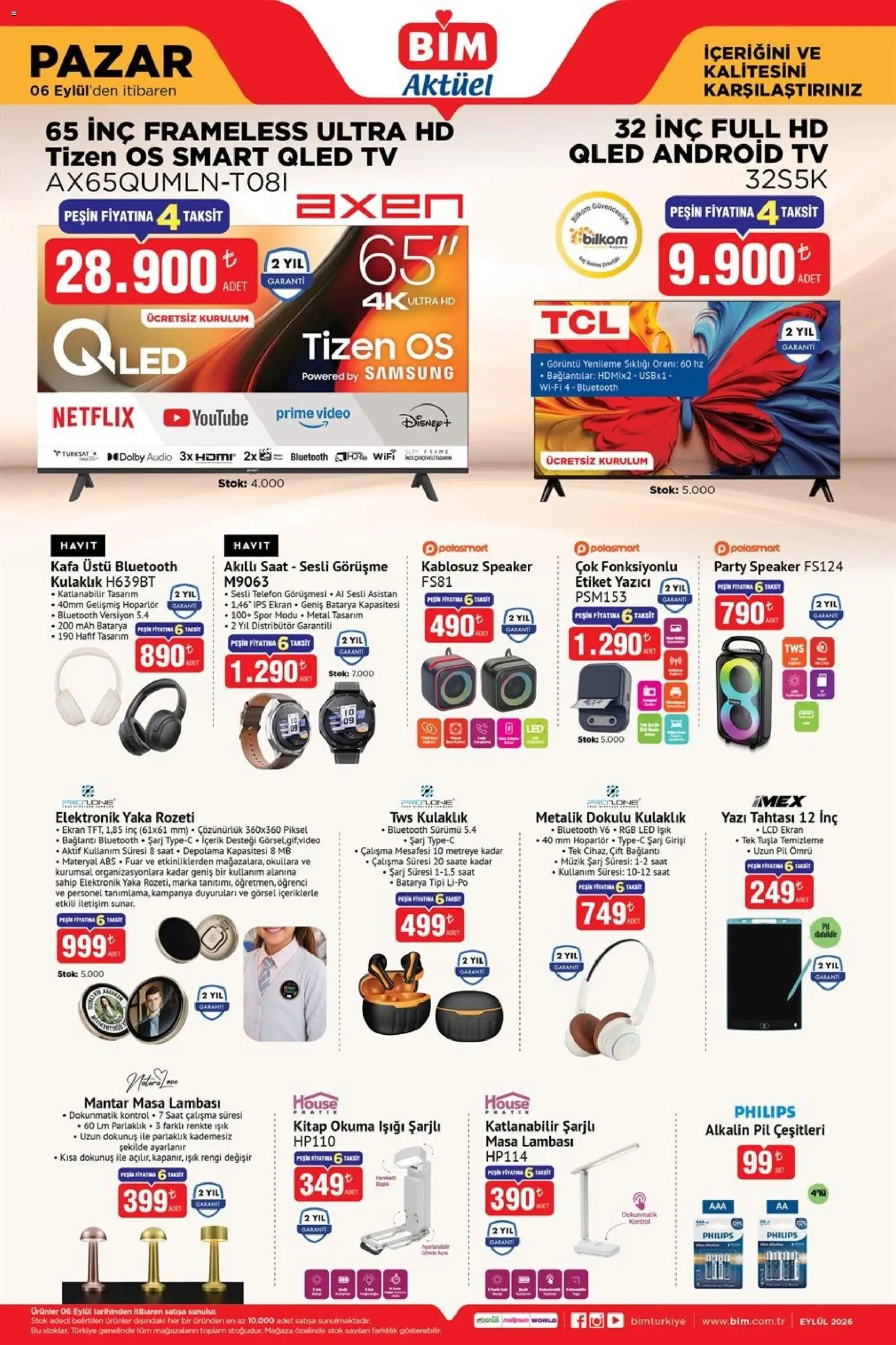 BİM - Katalog Pazar - 06 Eylül 2026 tarihinden itibaren geçerlidir | Sayfa: 2 | Ürünler: Masa, Masa lambası, Telefon, Kulaklık