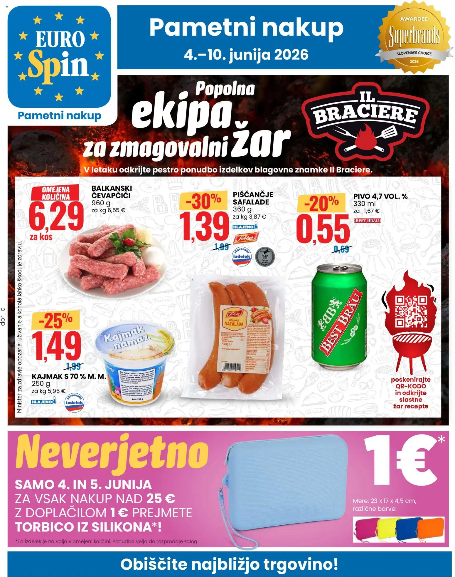 Novi Eurospin katalog ponudbe – veljaven od 04.06.2026 | Stran: 1 | Izdelki: Čevapčiči, Kajmak, Kos, Pivo