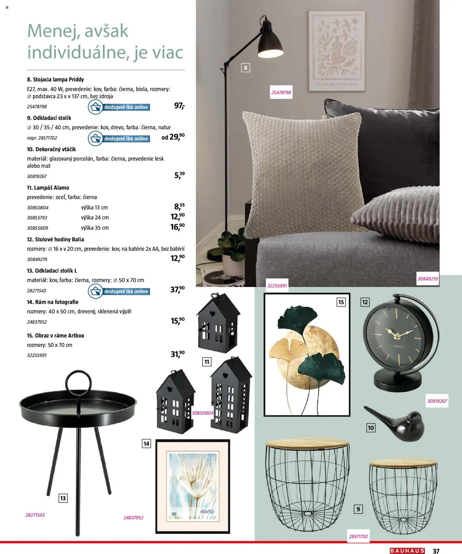 Nové Bauhaus akcie – leták je platný od 03.08.2026 | Strana: 37 | Produkty: Lampa, Odkladací stolík, Hodiny, Rám