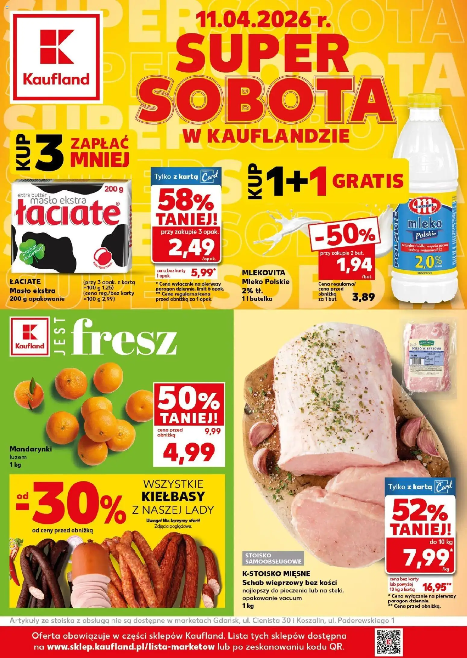 Kaufland gazetka - Super Sobota od 11.04.2026 | Strona: 1 | Produkty: Karta, Schab wieprzowy, Masło, Mandarynki