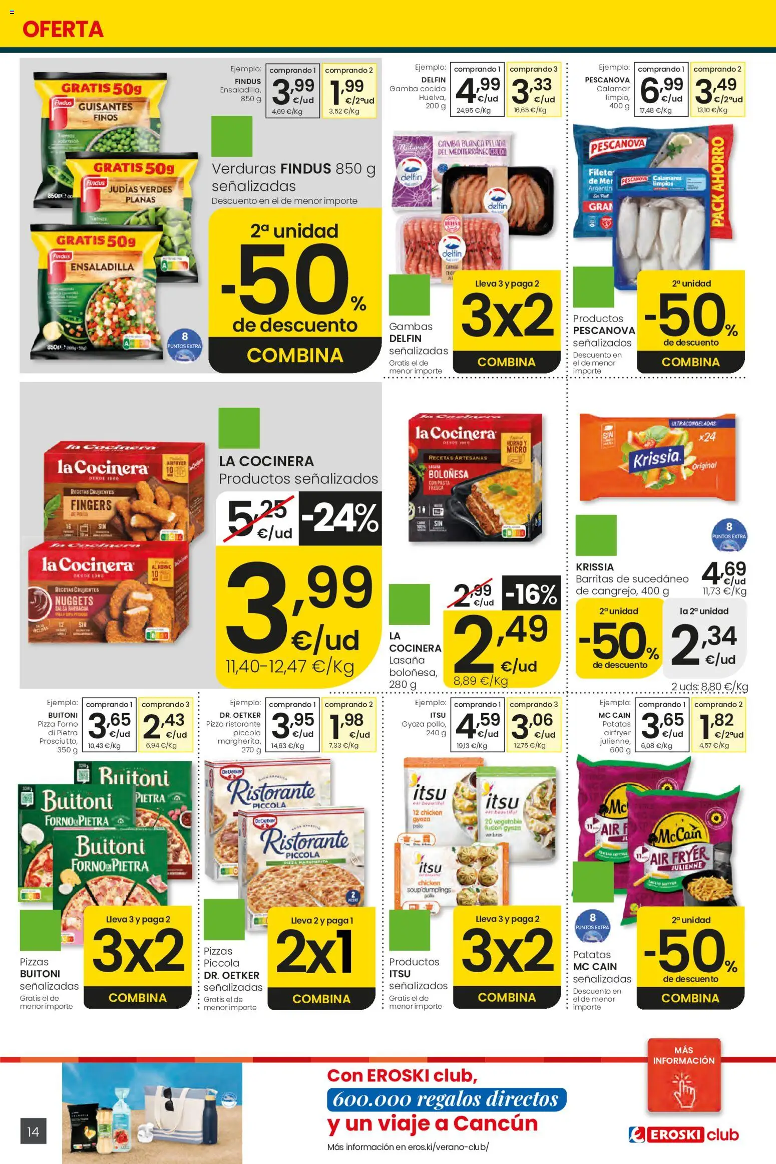 Eroski Ofertones de verano │ válido desde el 11.06.2026 | Página: 14 | Productos: Calamares, Pizza, Lasaña, Gamba