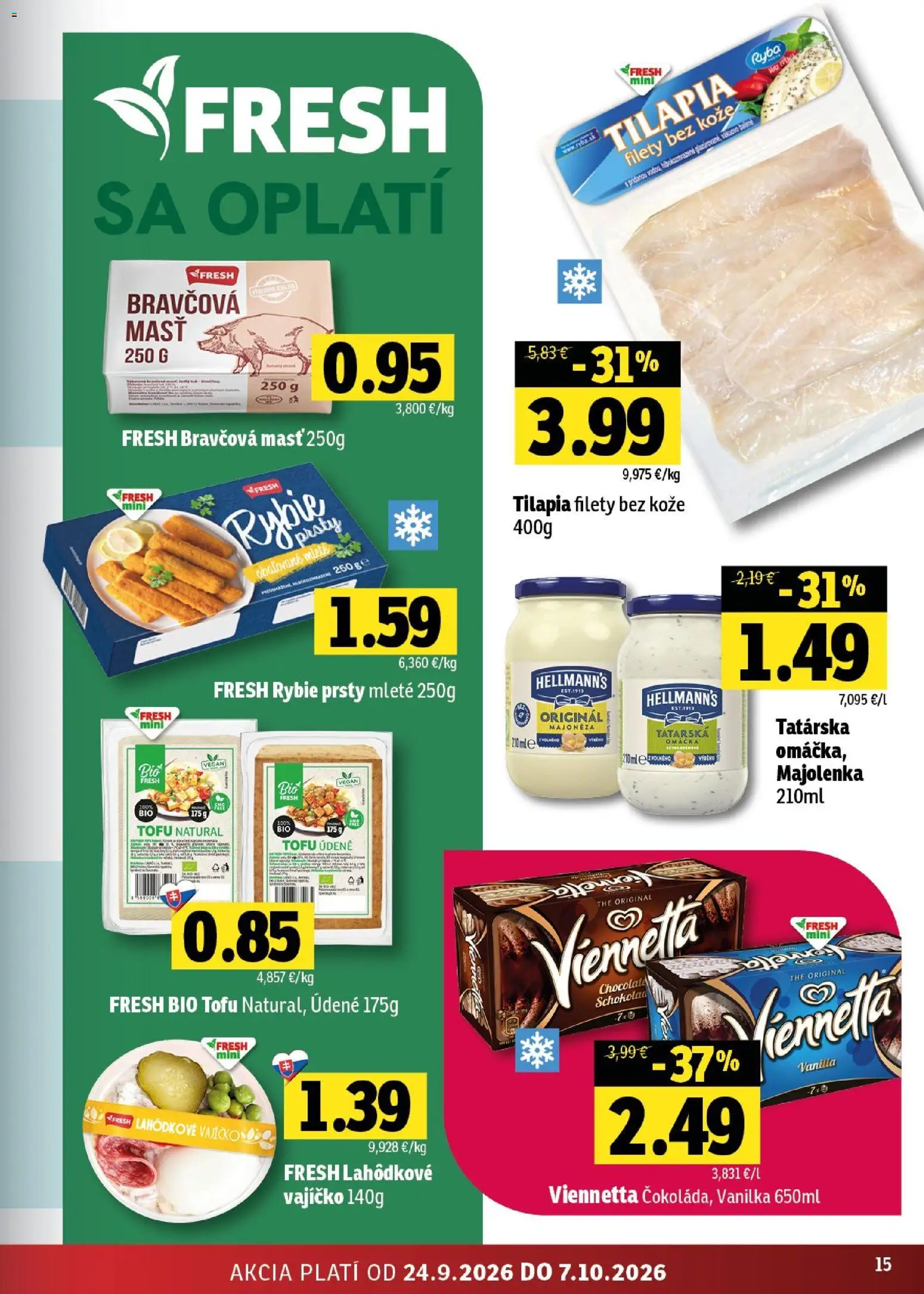 Nové Fresh akcie – leták je platný od 24.09.2026 | Strana: 15 | Produkty: Rybie prsty, Tofu, Tilápia, Omáčka