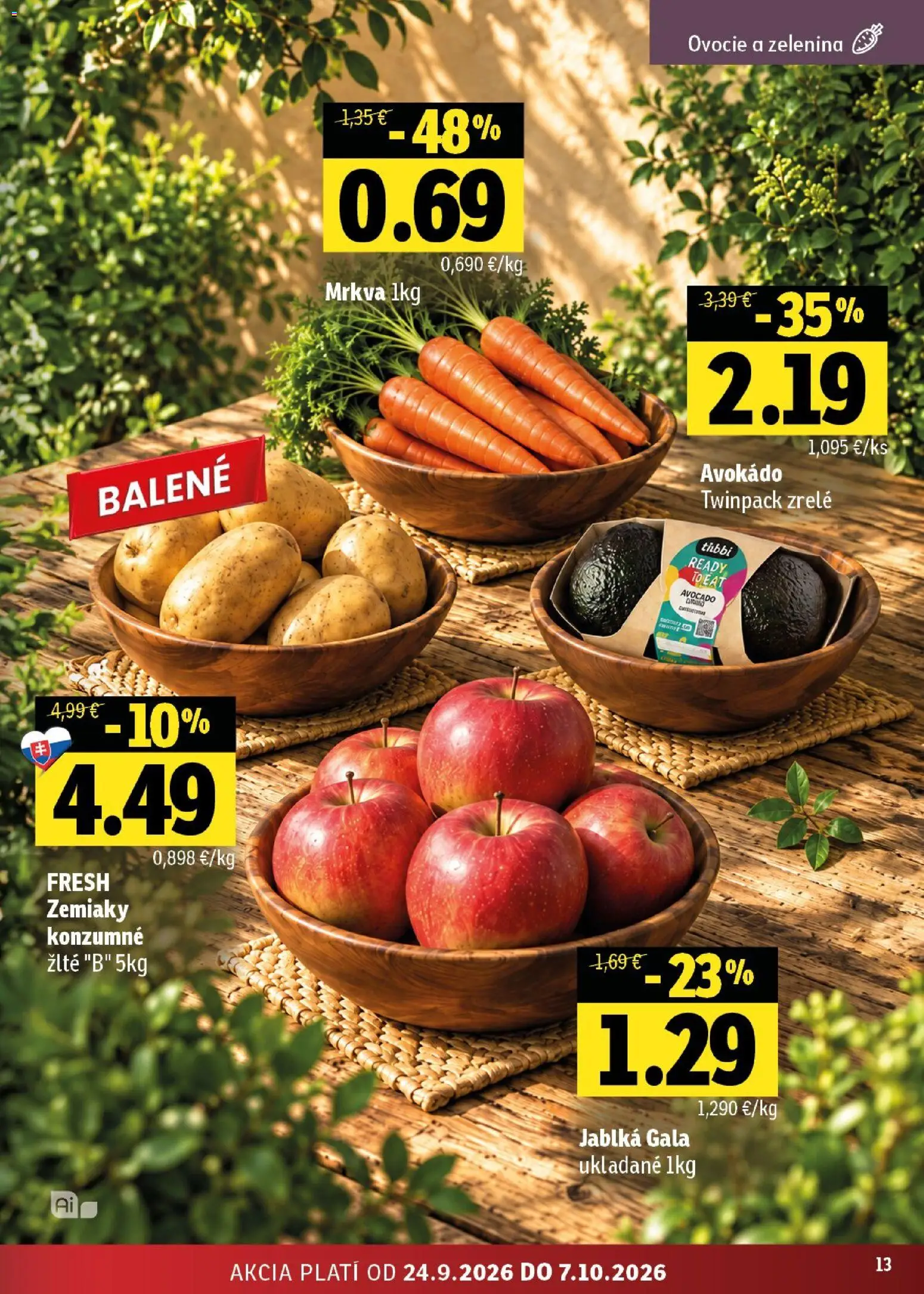 Nové Fresh akcie – leták je platný od 24.09.2026 | Strana: 13 | Produkty: Jablká, Mrkva, Avokádo, Ovocie