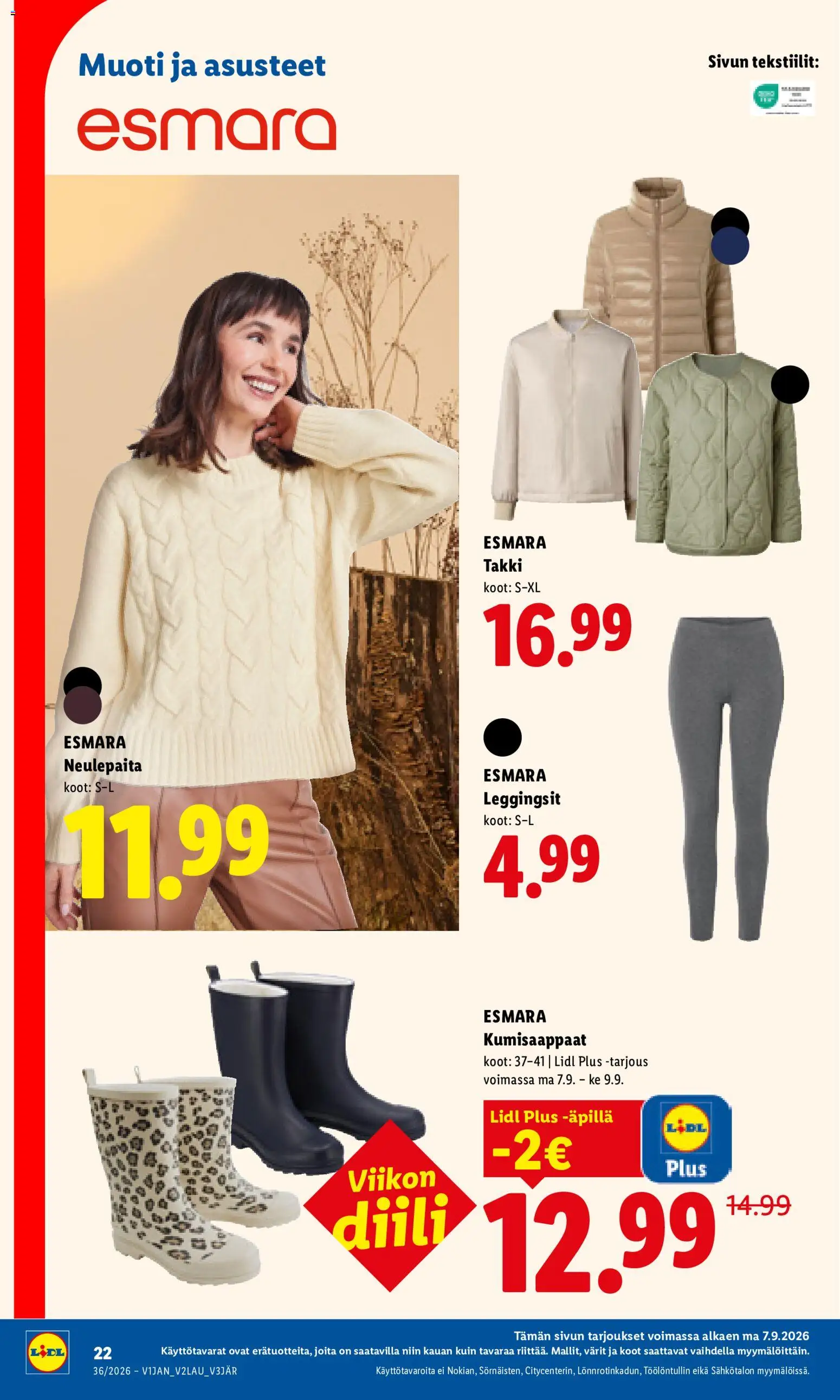 Lidl tarjoukset - Rovaniemi – voimassa 07/09/2026 alkaen | Sivu: 8 | Tuotteet: Takki, Leggingsit, Kumisaappaat