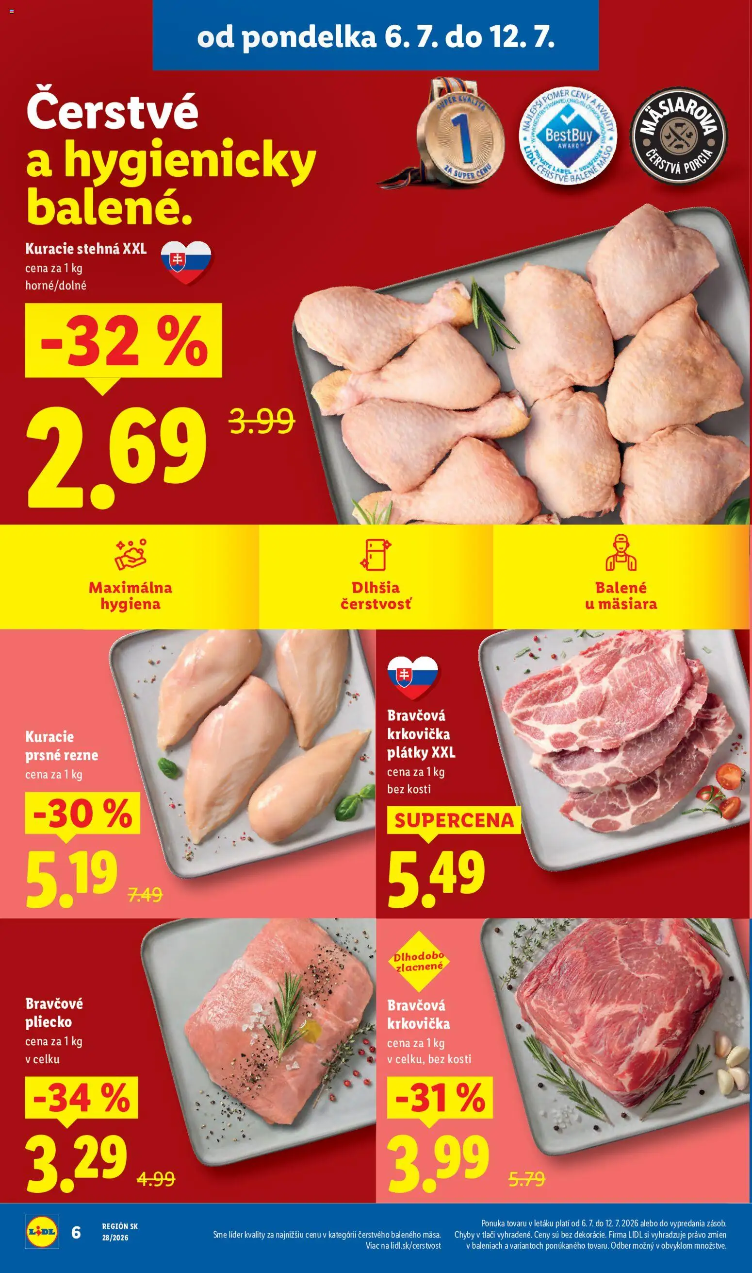Nové Lidl akcie – leták je platný od 06.07.2026 | Strana: 14 | Produkty: Pás, Bravčová krkovička, Kuracie stehná