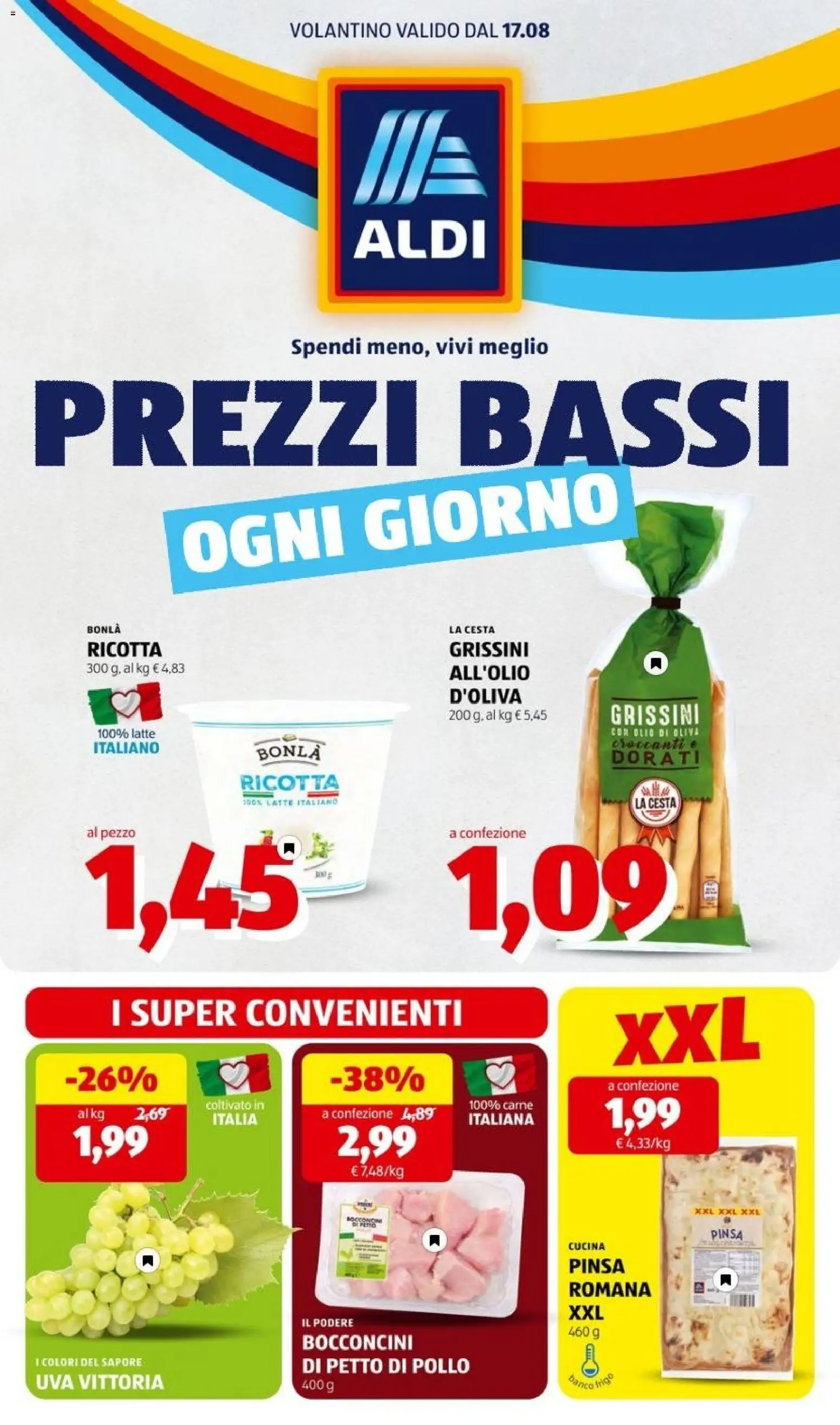 Volantino Aldi del 17/08/2026 | Pagina: 1 | Prodotti: Latte, Uva, Carne, Olio di Oliva